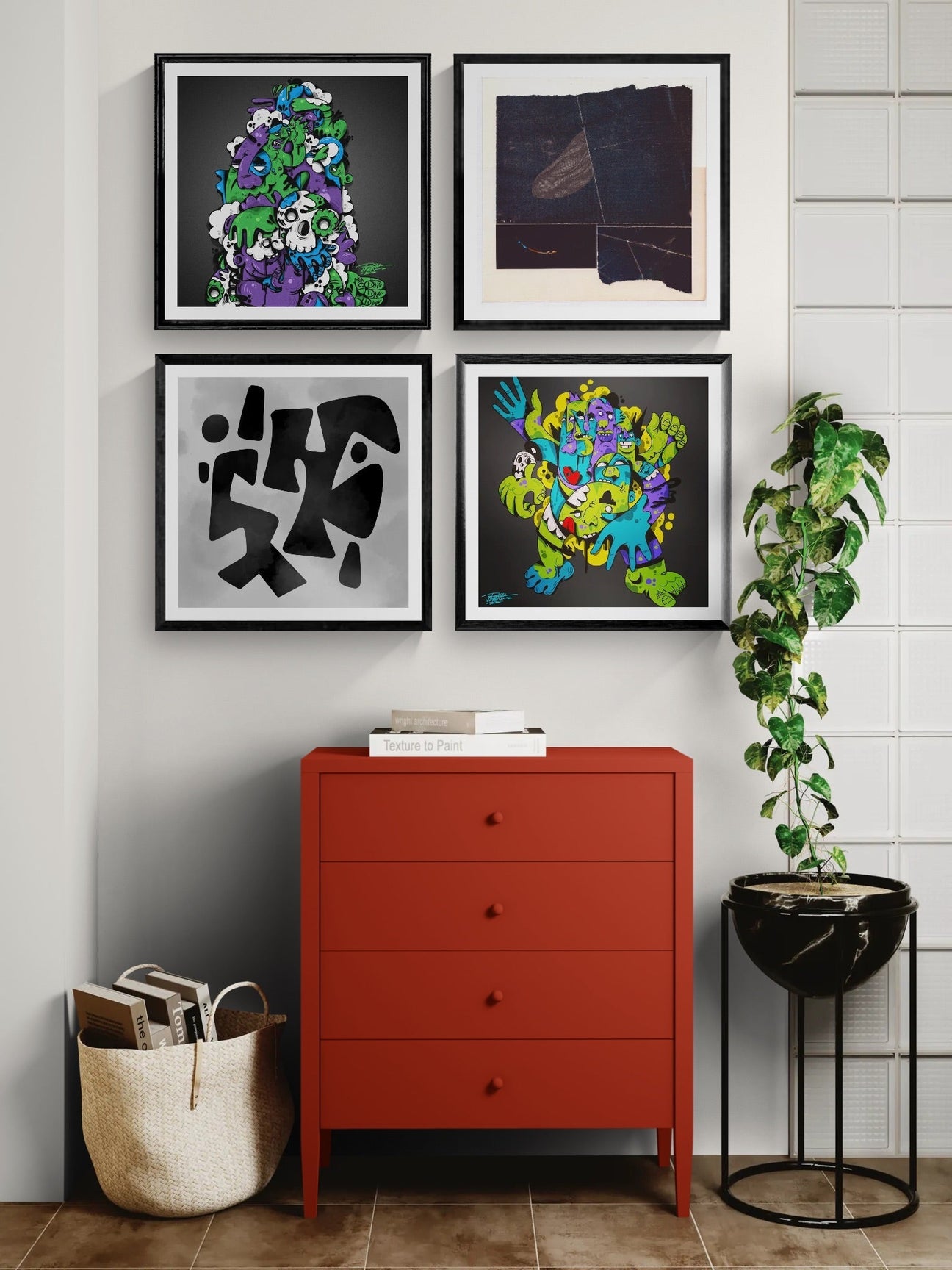 Small apartment gallery wall with square art