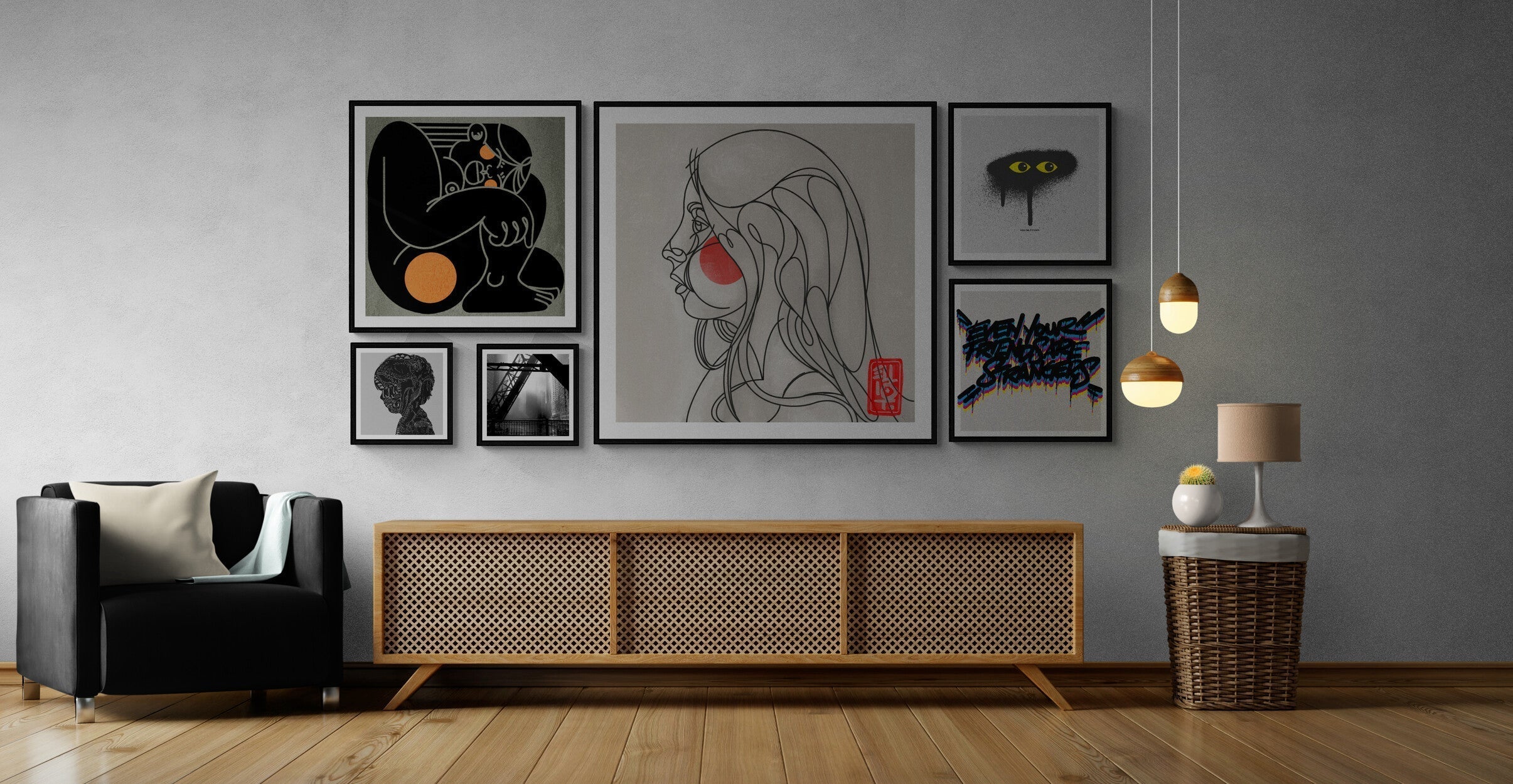 Modern loft gallery wall with square art
