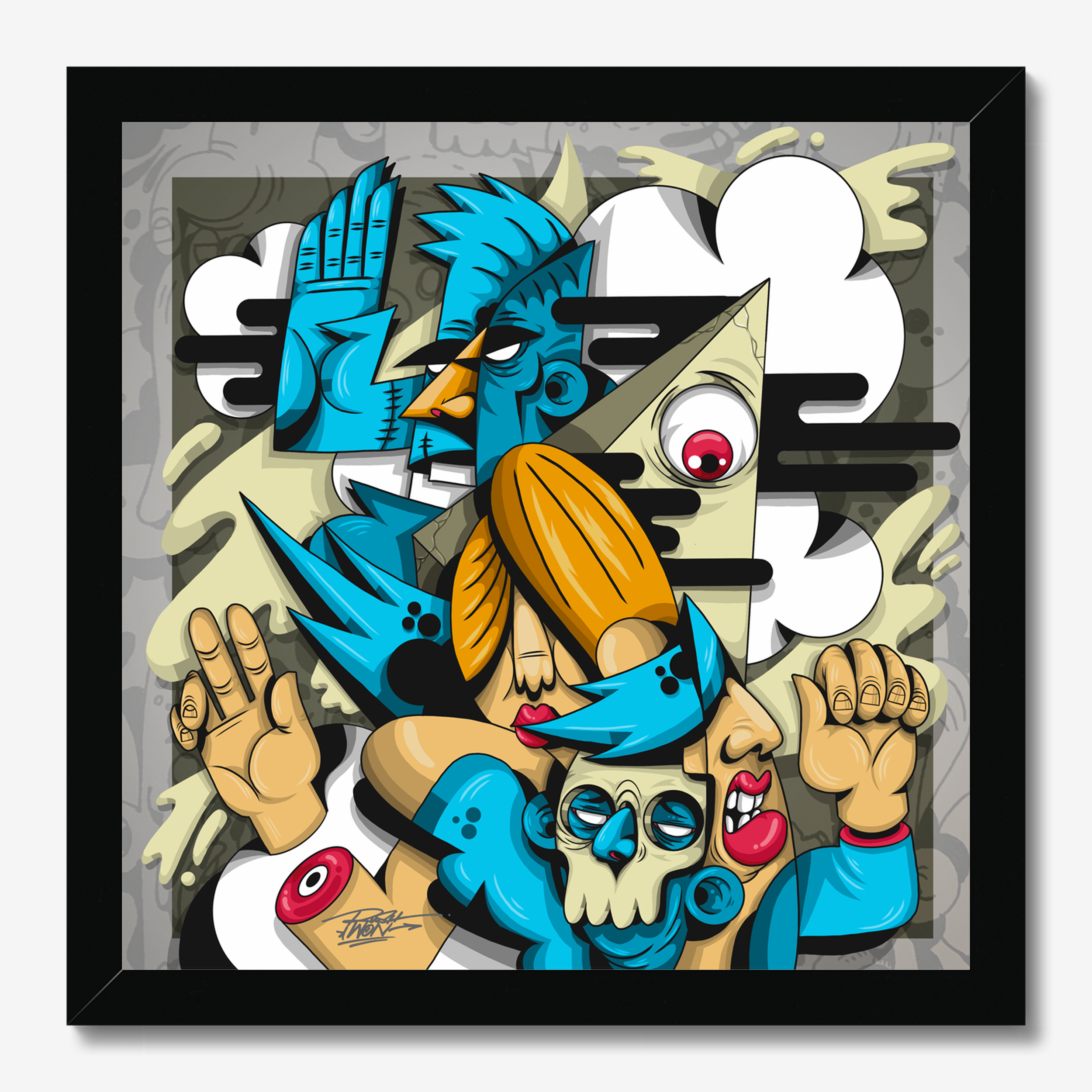 Square illustrative framed wall art titled 'Angels In The Outfield' by Sunday Morning. Premium Giclée print.