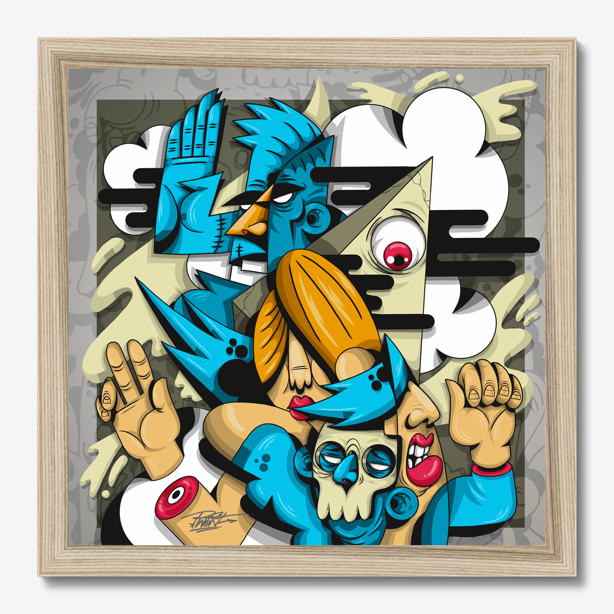 Square illustrative framed wall art titled 'Angels In The Outfield' by Sunday Morning. Premium Giclée print.