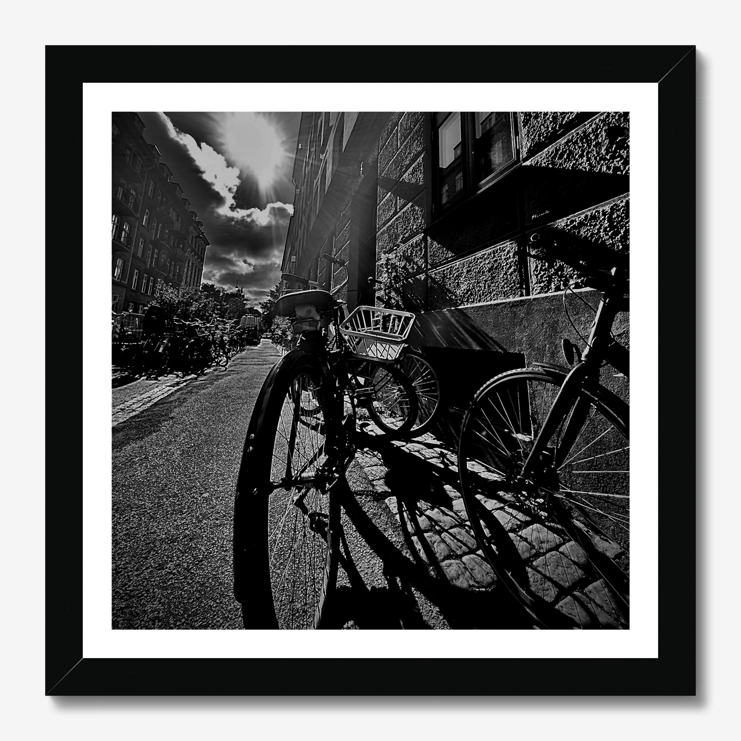 Square photography framed wall art titled 'Bike' by Sunday Morning. Premium Giclée print.