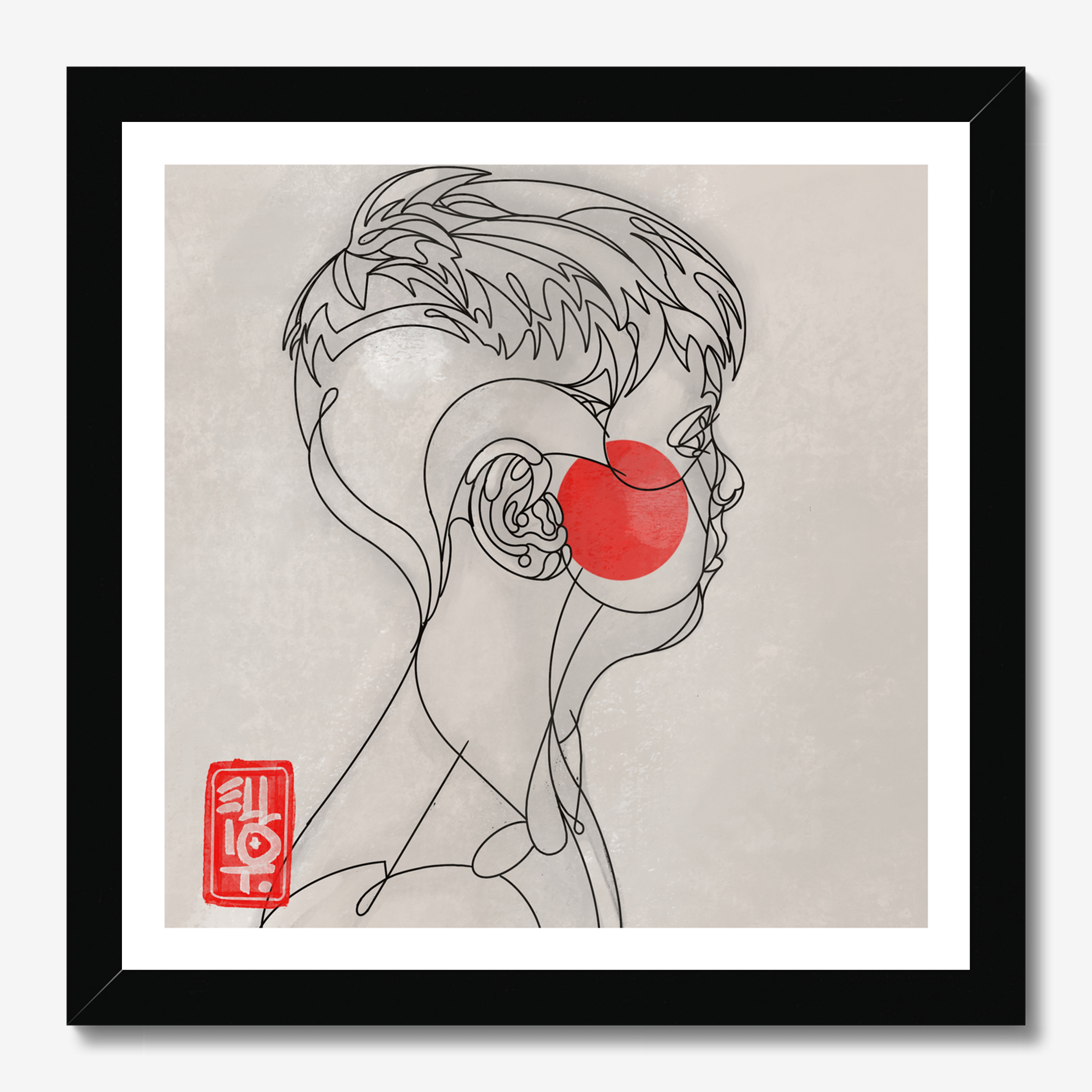Square illustrative framed wall art titled 'Boy' by Sunday Morning. Premium Giclée print.
