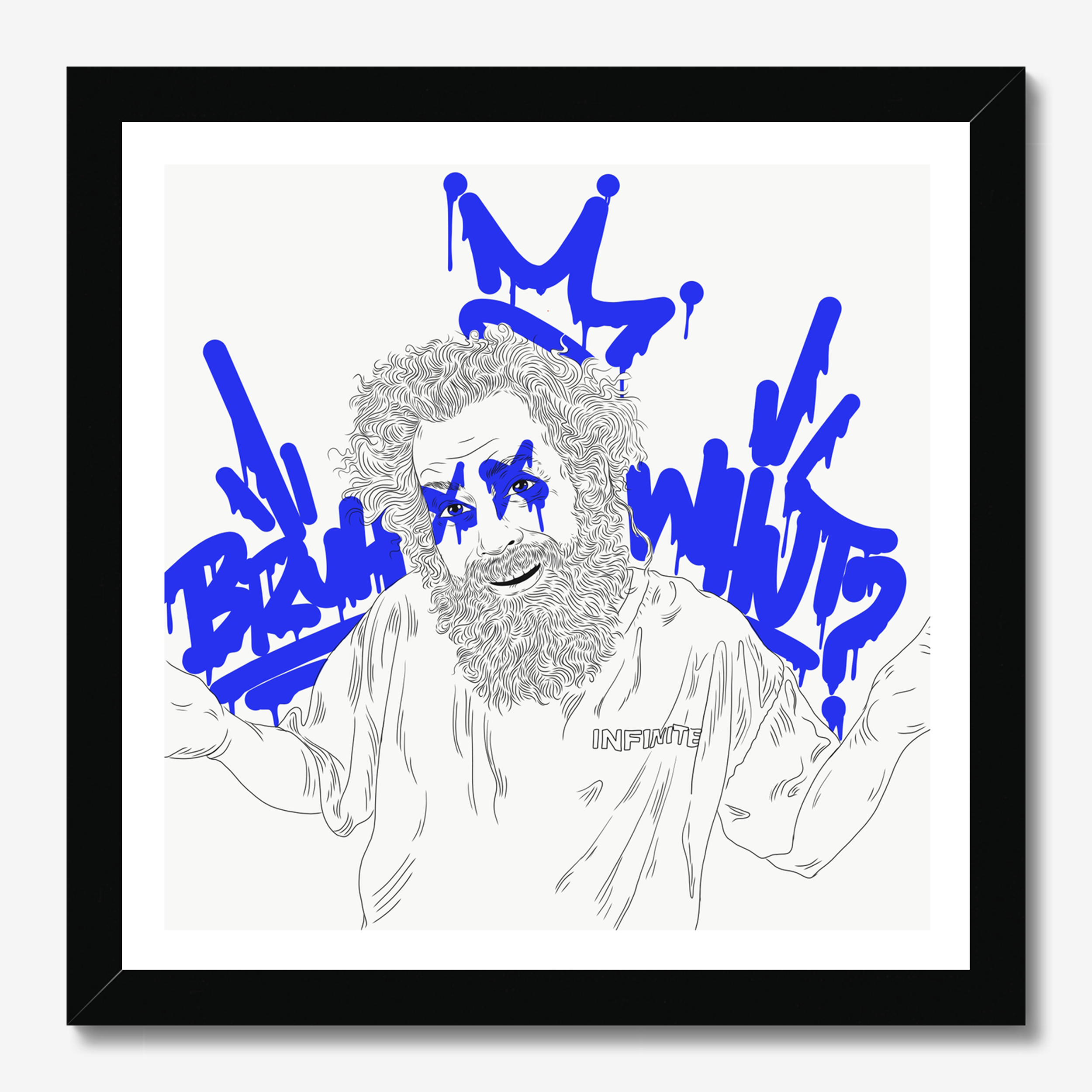 Square typography & illustrative framed wall art titled 'Bruh Whut' by Sunday Morning. Premium Giclée print.