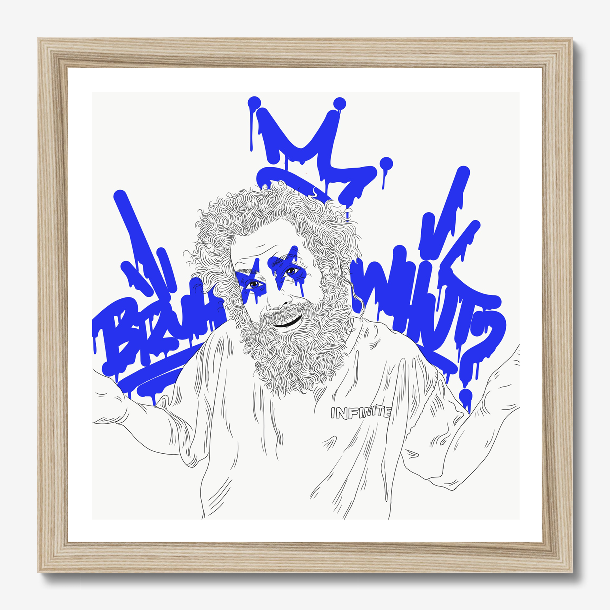 Square typography & illustrative framed wall art titled 'Bruh Whut' by Sunday Morning. Premium Giclée print.