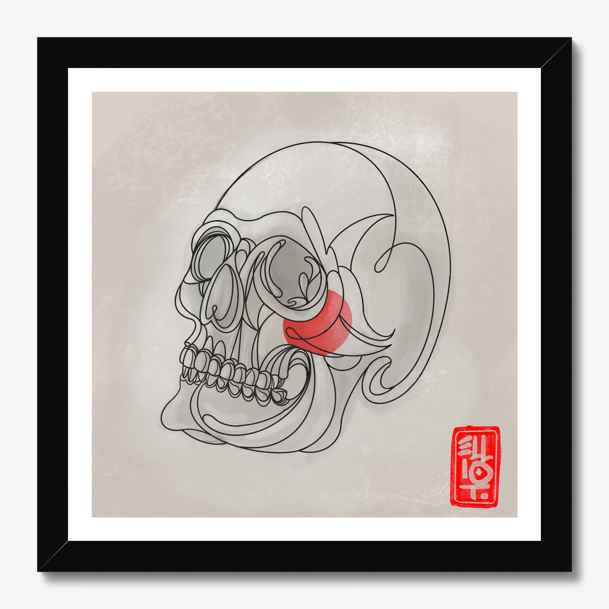 Square illustrative framed wall art titled 'Calavera' by Sunday Morning. Premium Giclée print.