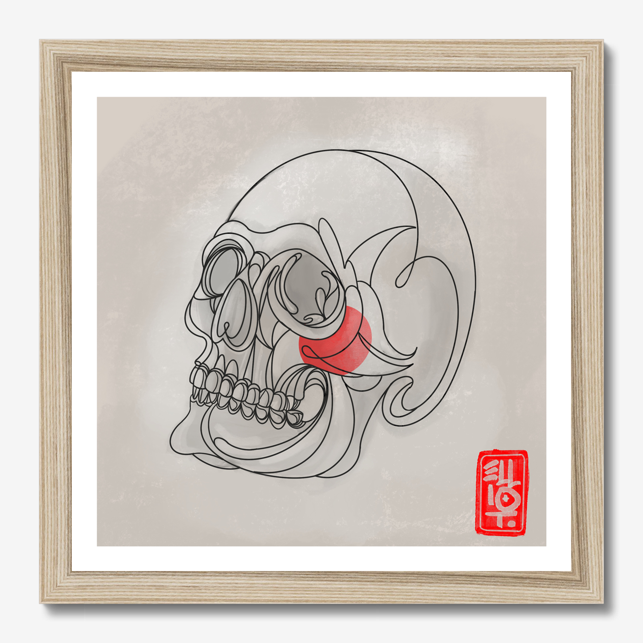 Square illustrative framed wall art titled 'Calavera' by Sunday Morning. Premium Giclée print.
