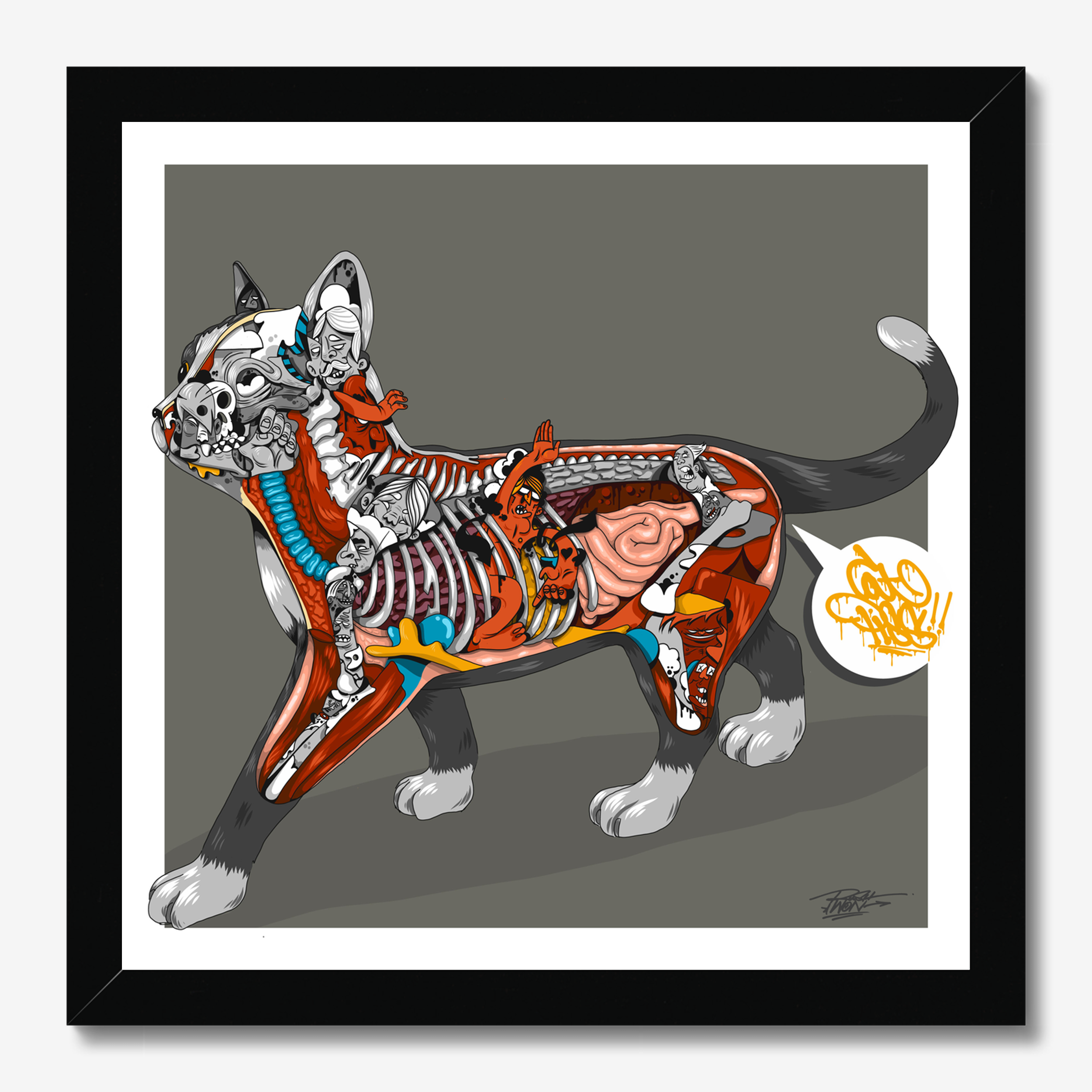 Square illustrative framed wall art titled 'Cat Piss' by Sunday Morning. Premium Giclée print.