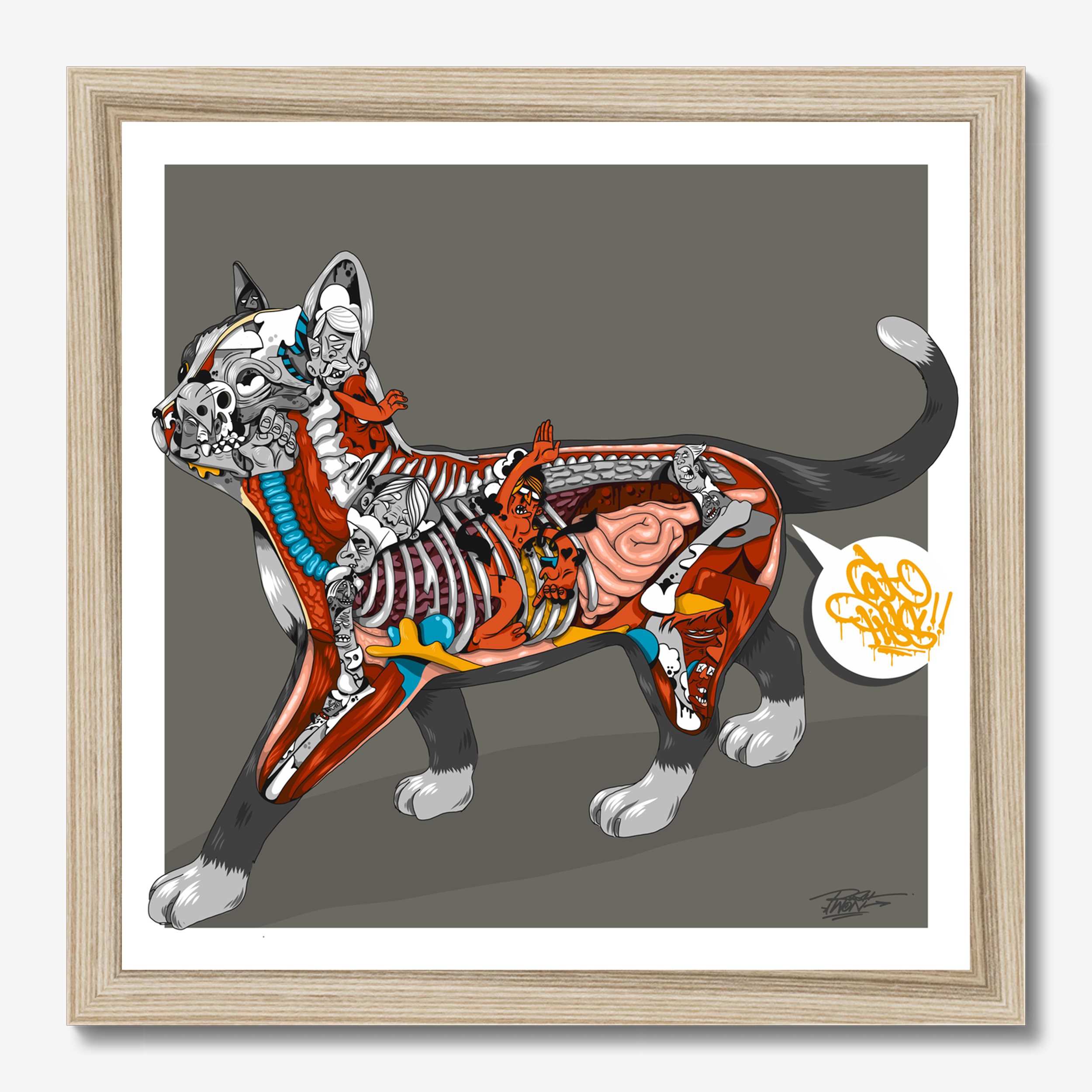 Square illustrative framed wall art titled 'Cat Piss' by Sunday Morning. Premium Giclée print.