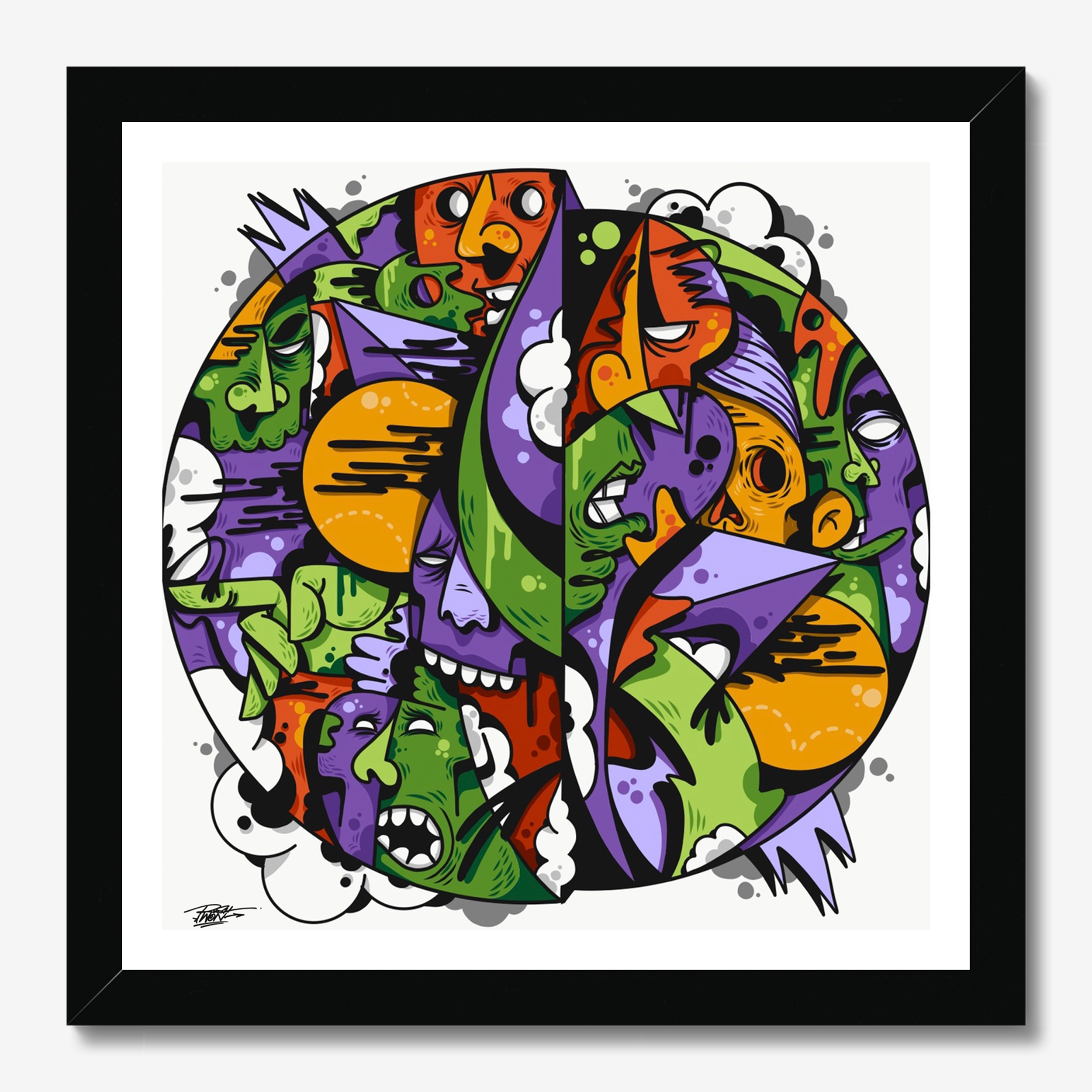 Square illustrative framed wall art titled 'Circle Logic' by Sunday Morning. Premium Giclée print.