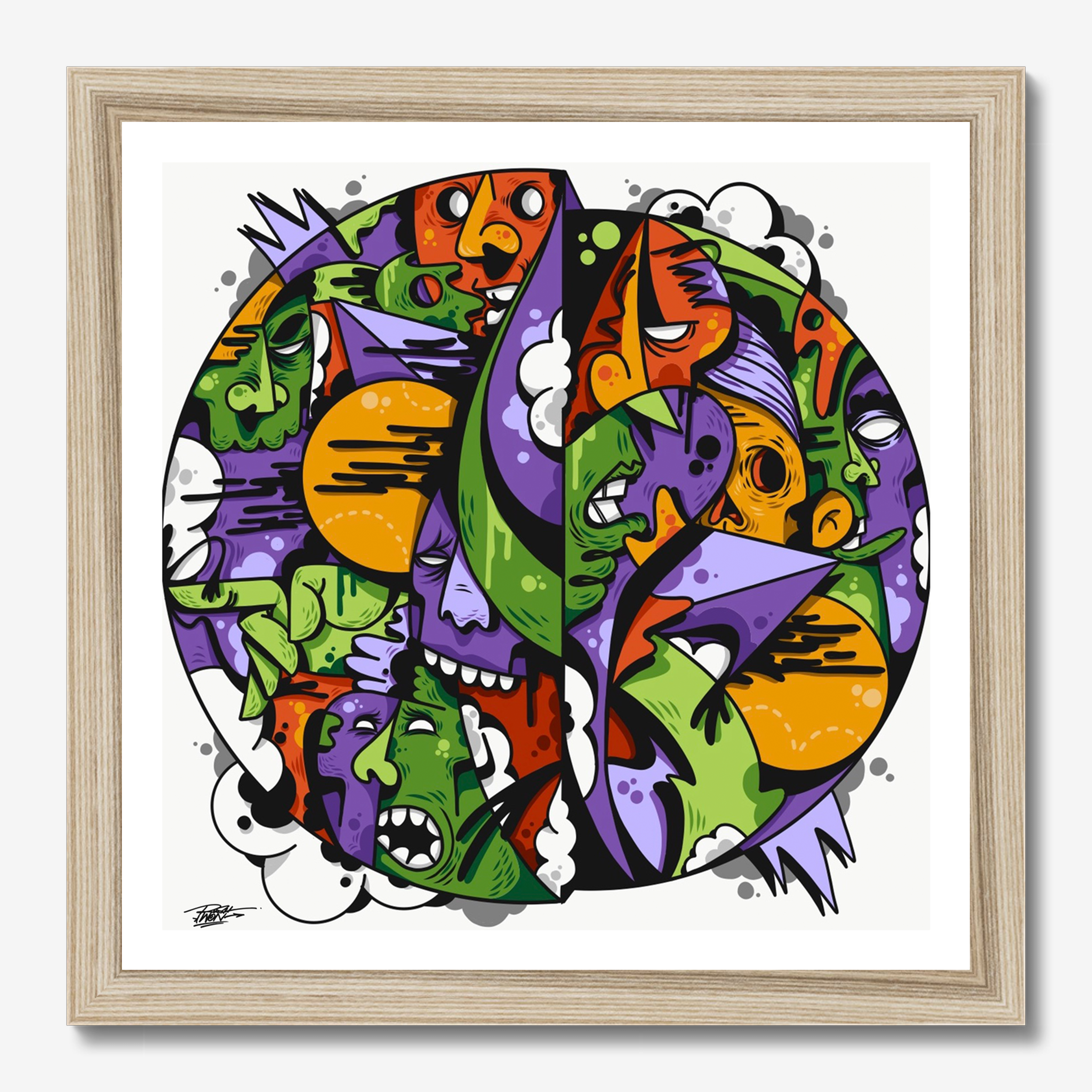 Square illustrative framed wall art titled 'Circle Logic' by Sunday Morning. Premium Giclée print.