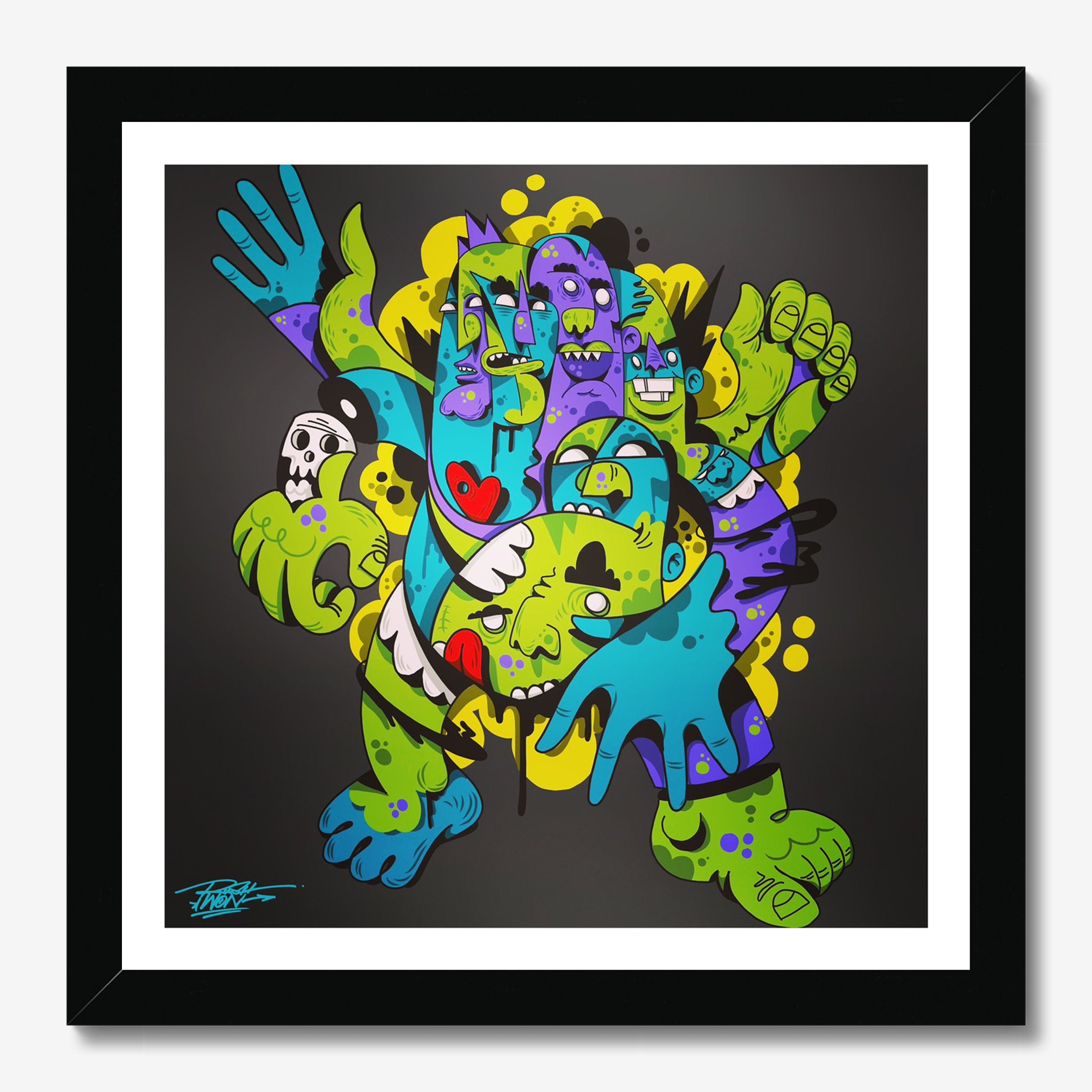 Square illustrative illustration titled Contagion by Sunday Morning - Museum quality framed art.