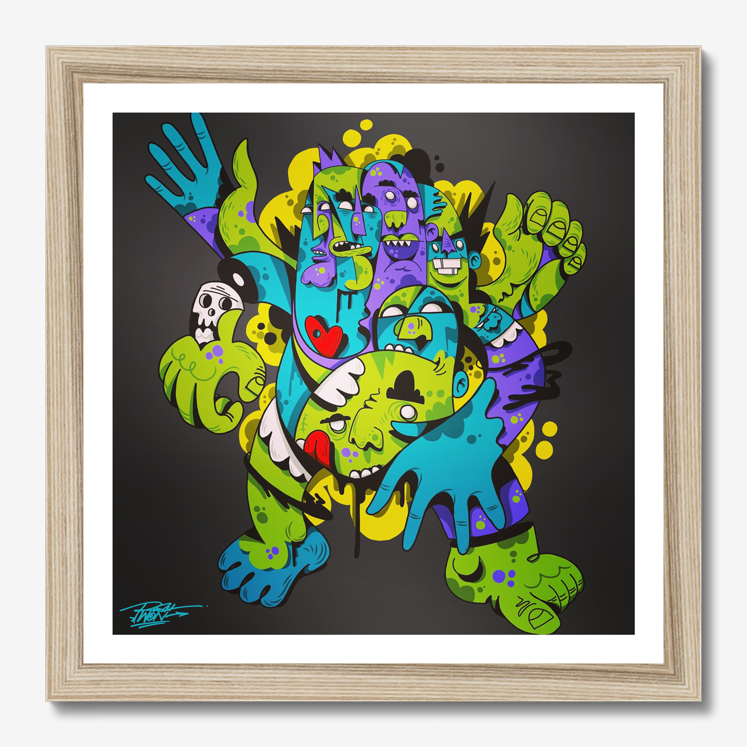 Square illustrative illustration titled Contagion by Sunday Morning - Museum quality framed art.