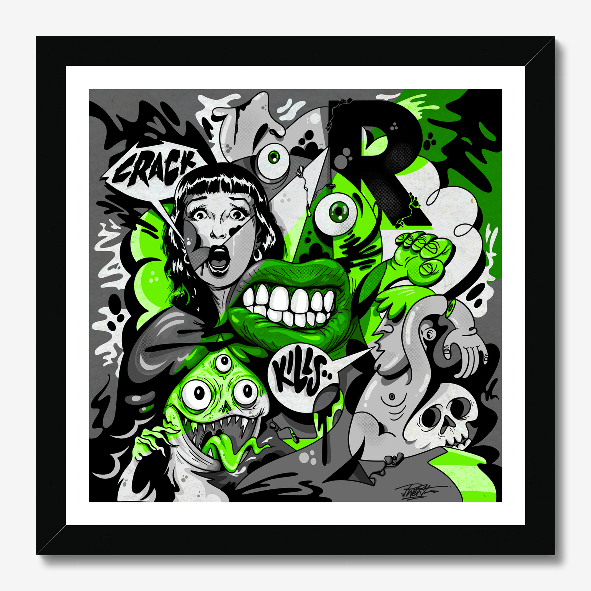 Square illustrative framed wall art titled 'Crack Kills' by Sunday Morning. Premium Giclée print.