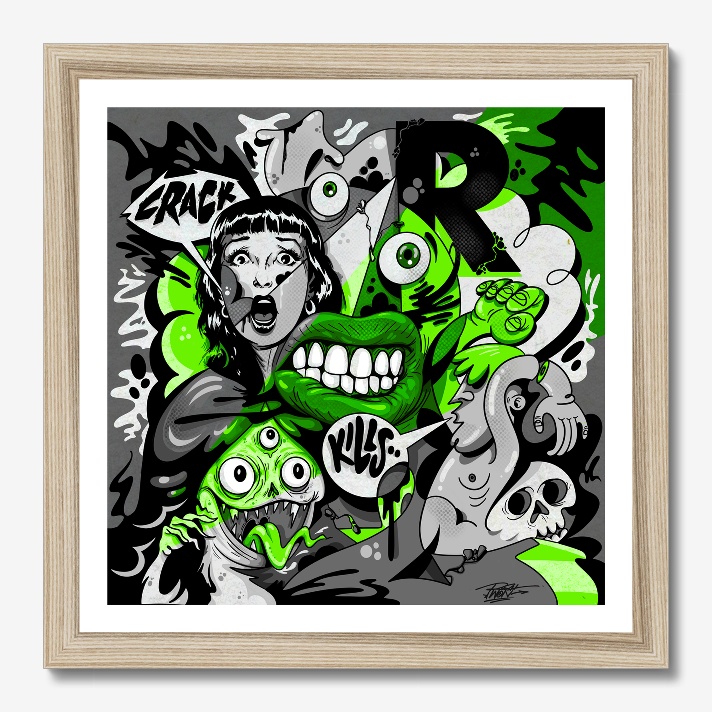 Square illustrative framed wall art titled 'Crack Kills' by Sunday Morning. Premium Giclée print.
