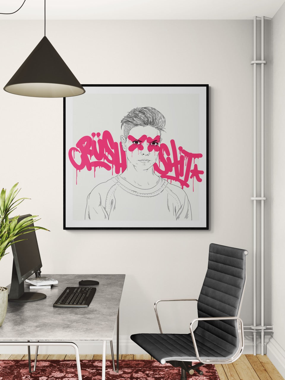 Square typography & illustrative framed wall art titled 'Crush Shit' by Sunday Morning. Premium Giclée print.