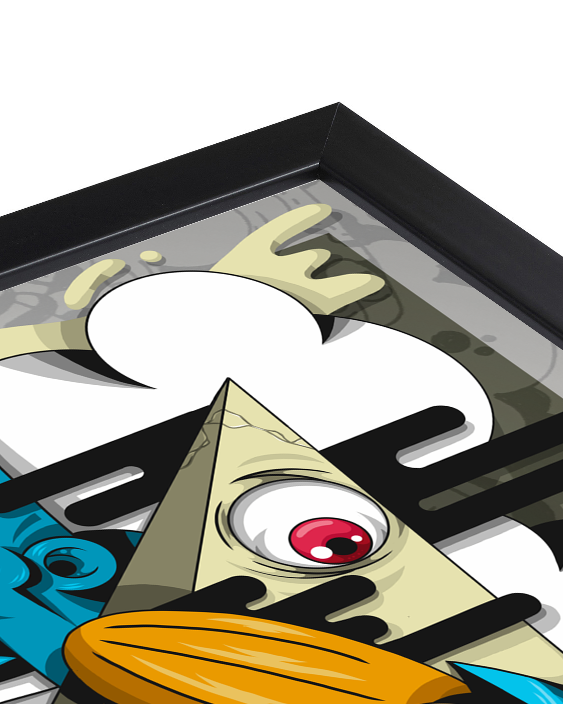 Framed abstract artwork with geometric shapes and a stylized bird-like figure.