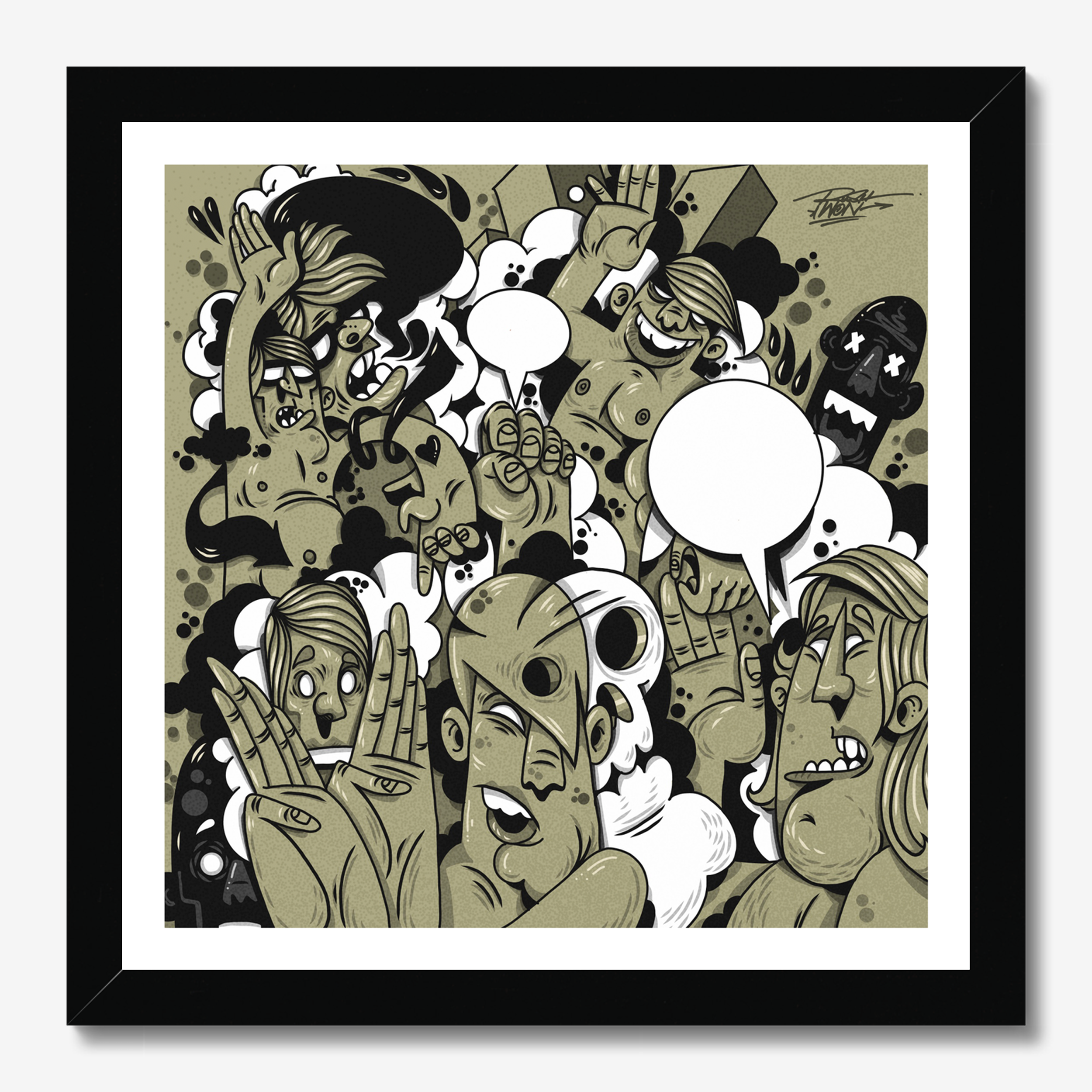 Square illustrative framed wall art titled 'Dance Party' by Sunday Morning. Premium Giclée print.