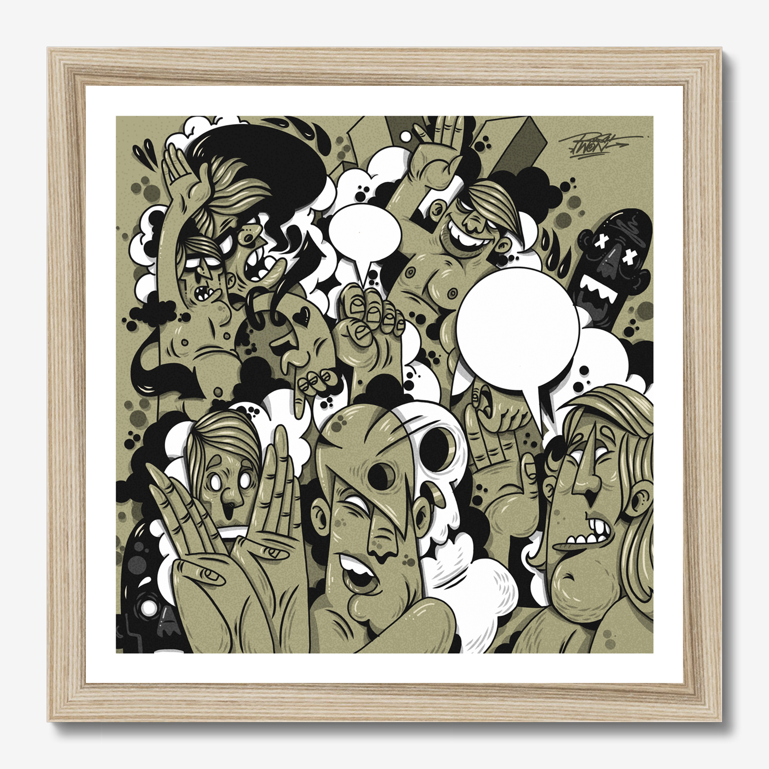 Square illustrative framed wall art titled 'Dance Party' by Sunday Morning. Premium Giclée print.