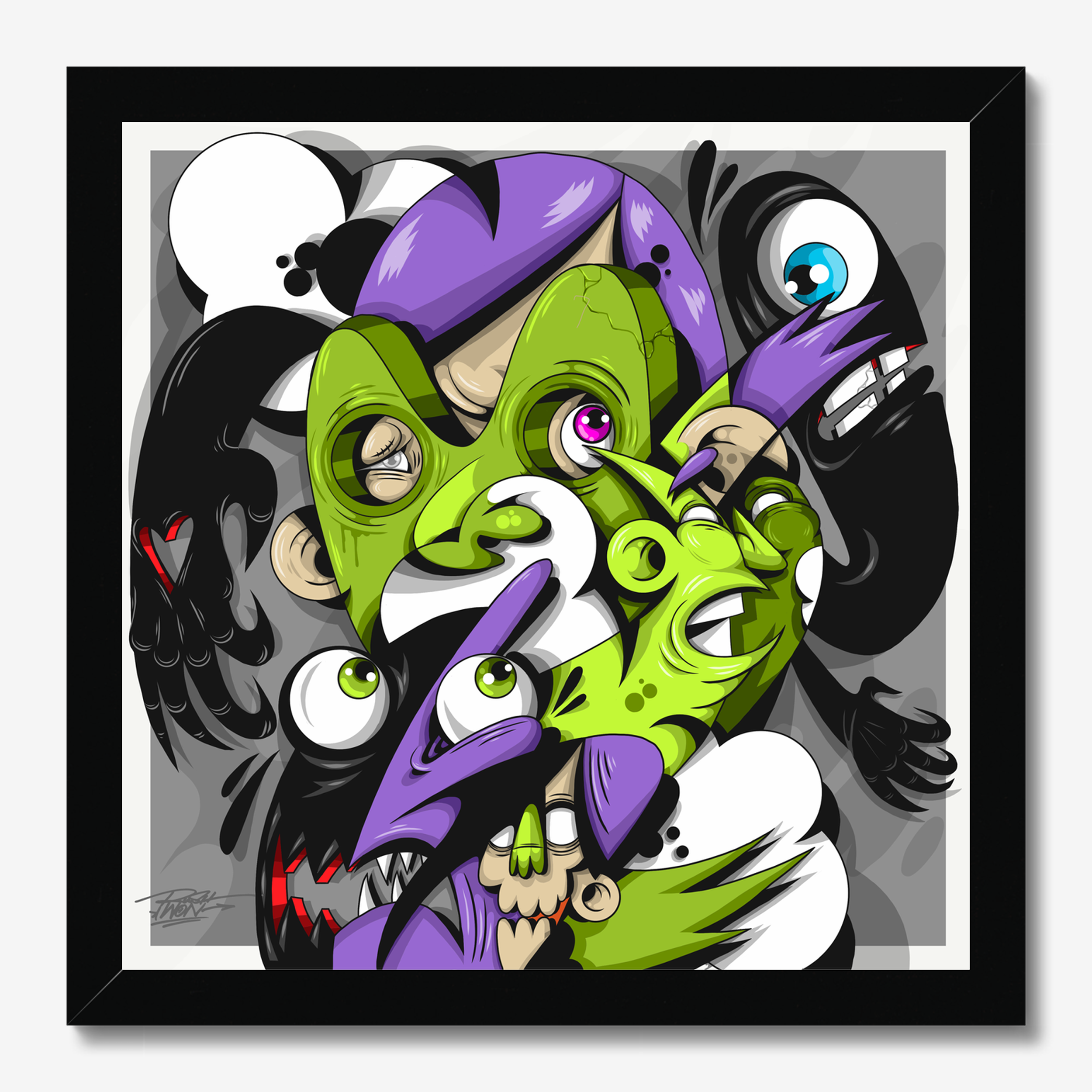 Square illustrative framed wall art titled 'Deadeye' by Sunday Morning. Premium Giclée print.