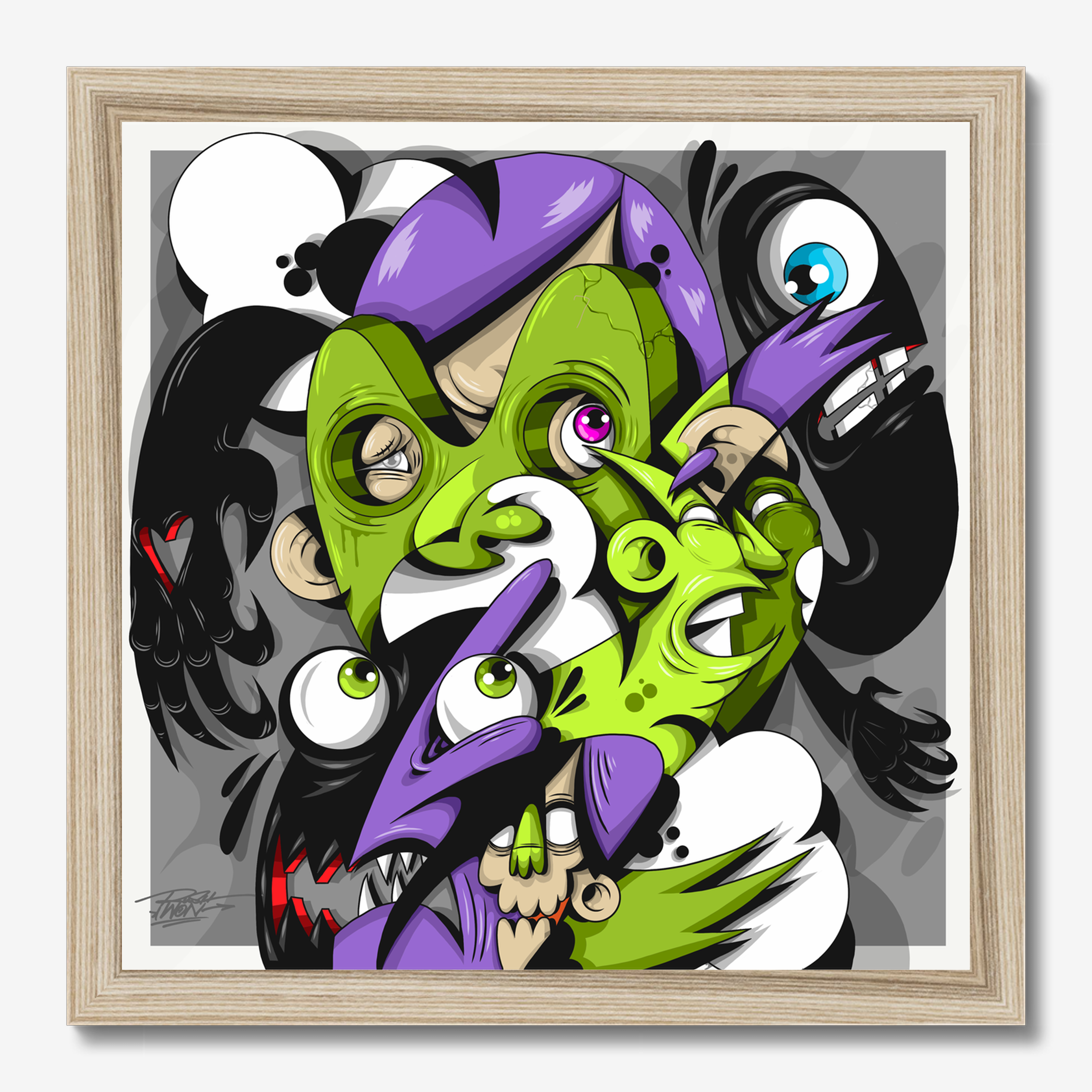 Square illustrative framed wall art titled 'Deadeye' by Sunday Morning. Premium Giclée print.