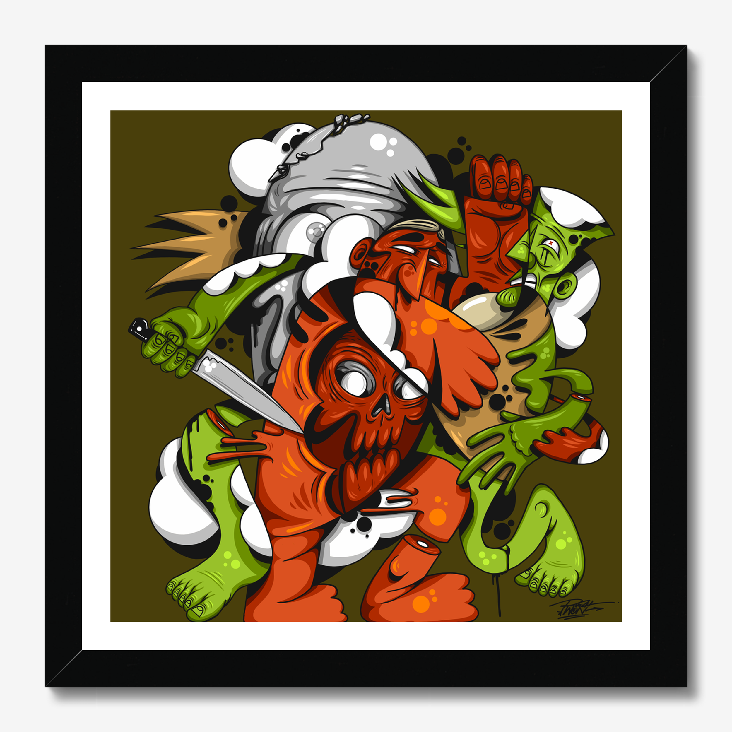 Square illustrative framed wall art titled 'Death At Ones Elbow' by Sunday Morning. Premium Giclée print.