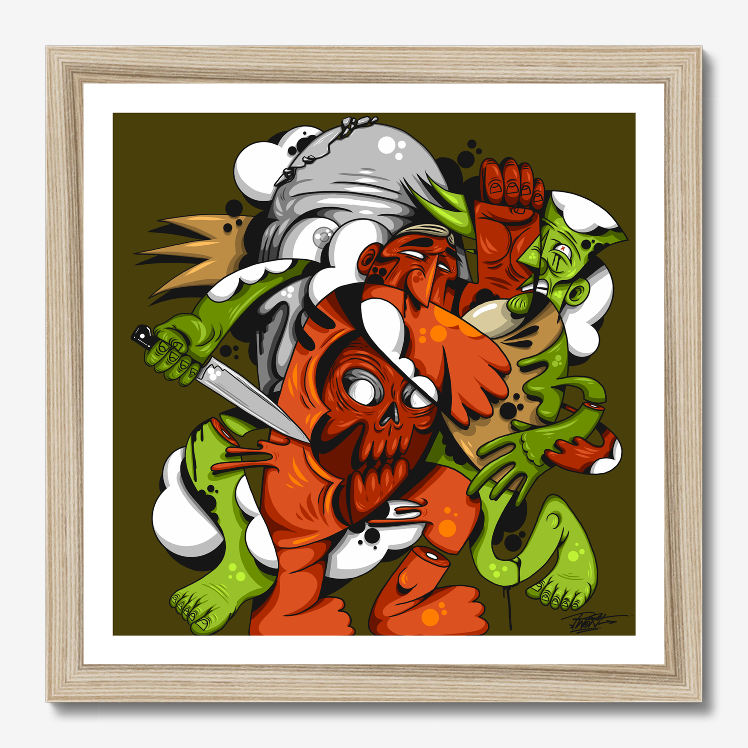 Square illustrative framed wall art titled 'Death At Ones Elbow' by Sunday Morning. Premium Giclée print.