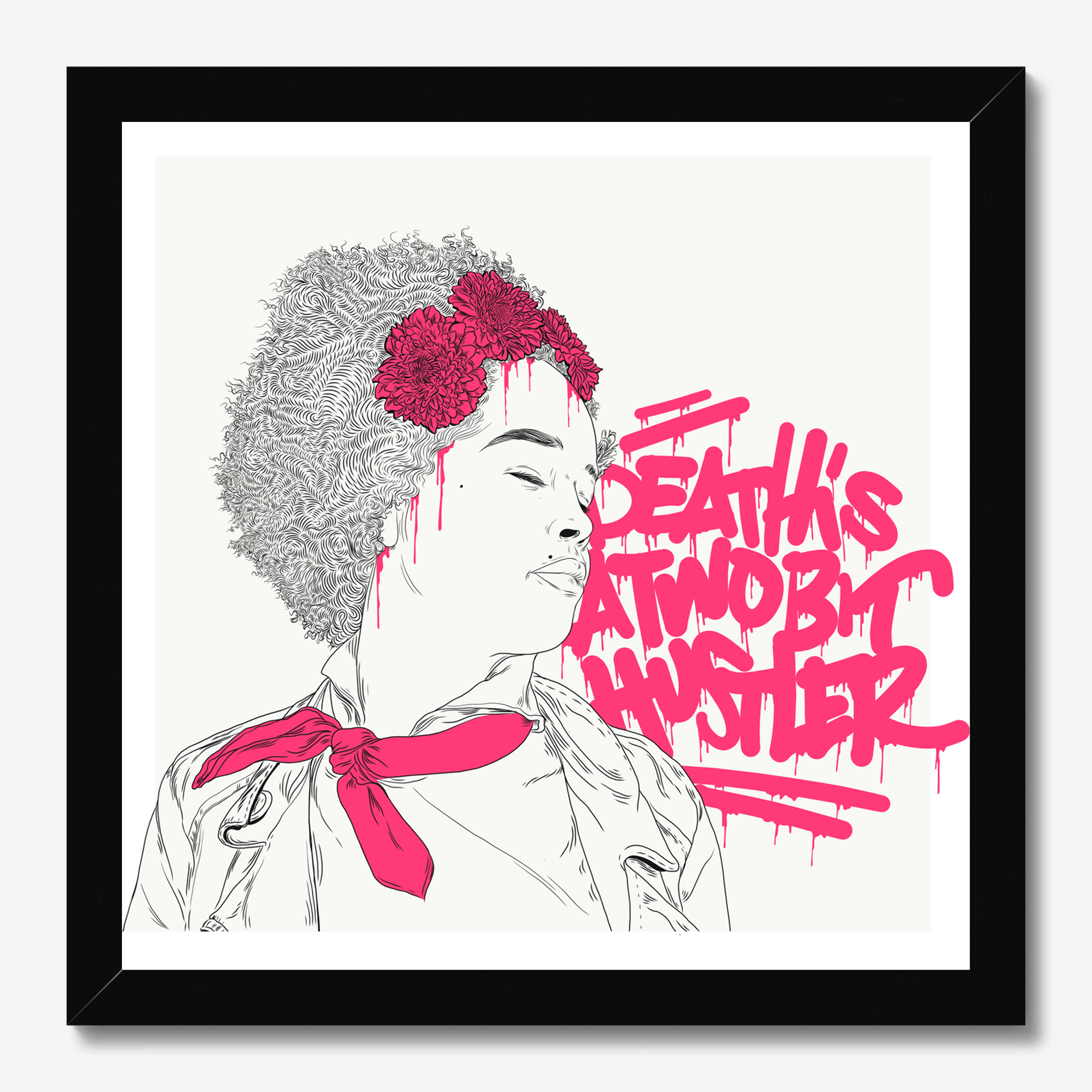 Square typography & illustrative framed wall art titled 'Death Is A Two Bit Hustler' by Sunday Morning. Premium Giclée print.