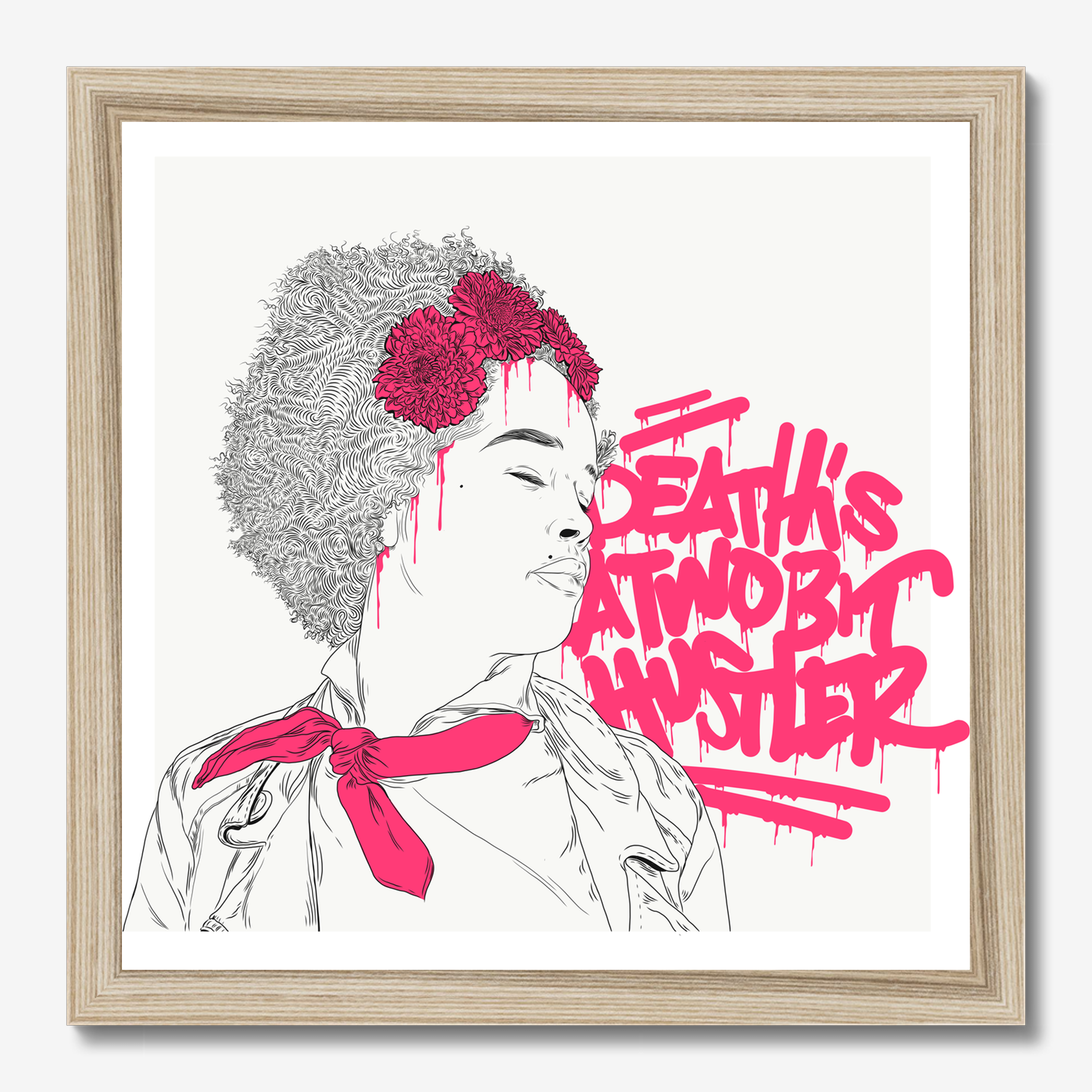 Square typography & illustrative framed wall art titled 'Death Is A Two Bit Hustler' by Sunday Morning. Premium Giclée print.