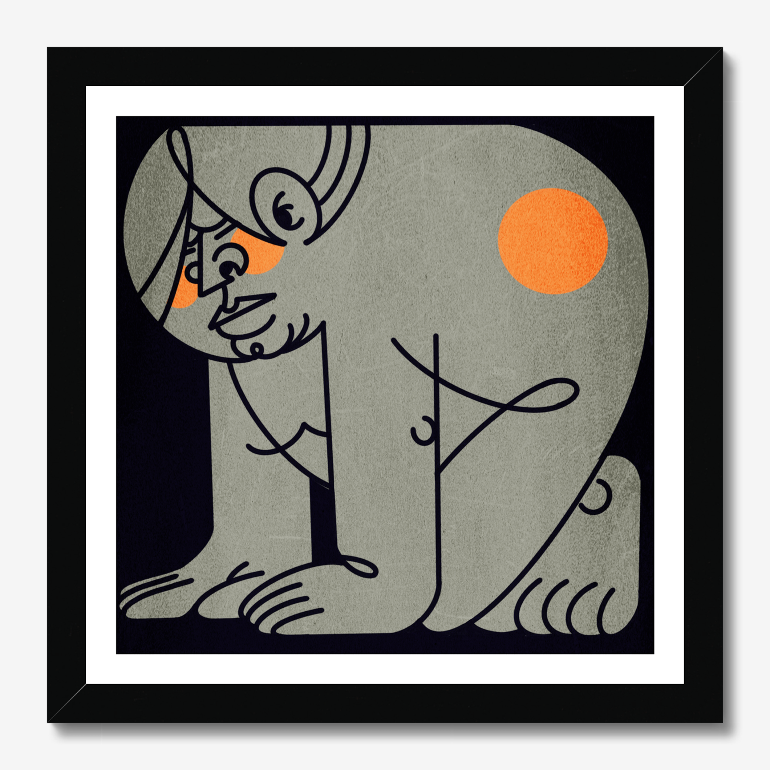 Square illustrative framed wall art titled 'Down Boy' by Sunday Morning. Premium Giclée print.