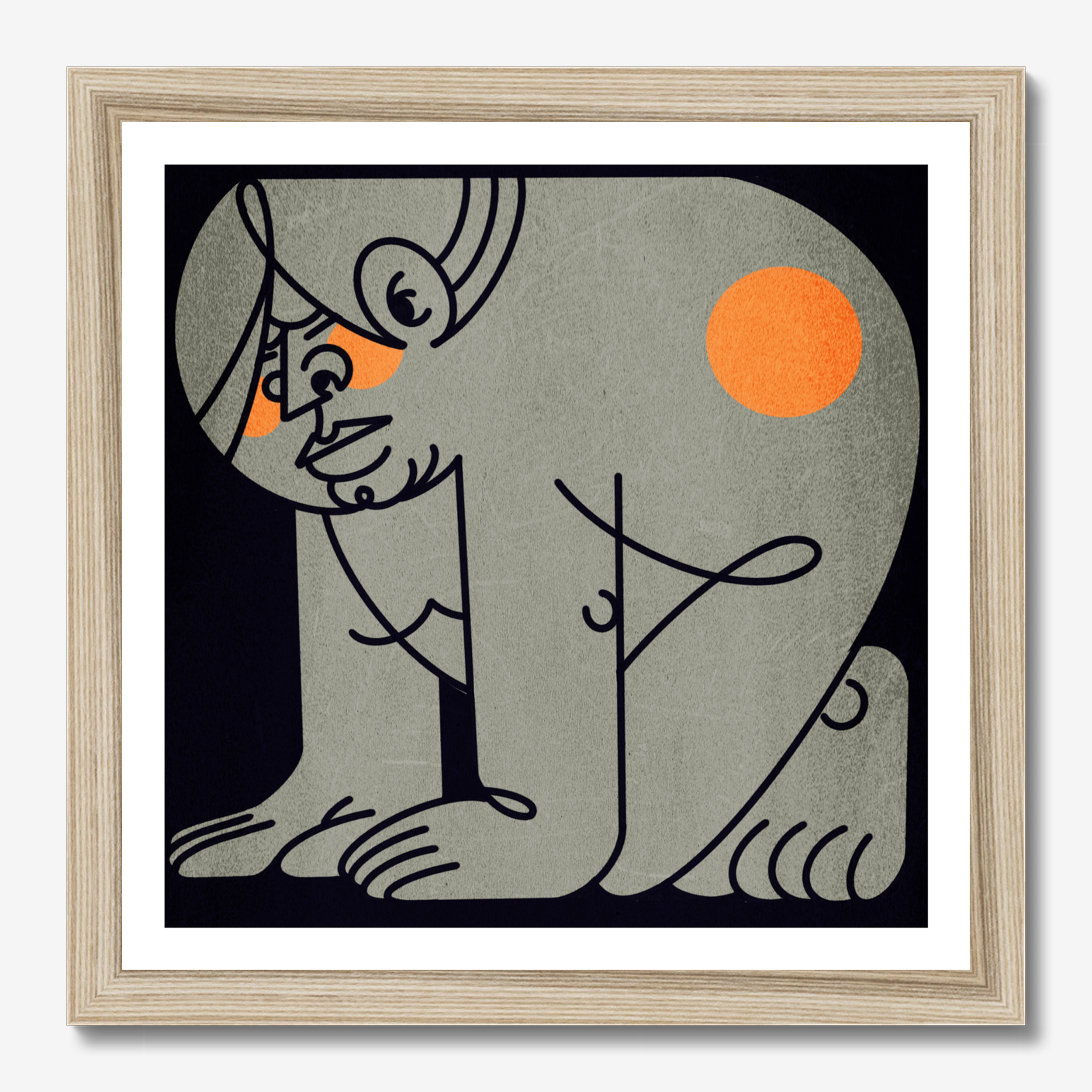 Square illustrative framed wall art titled 'Down Boy' by Sunday Morning. Premium Giclée print.