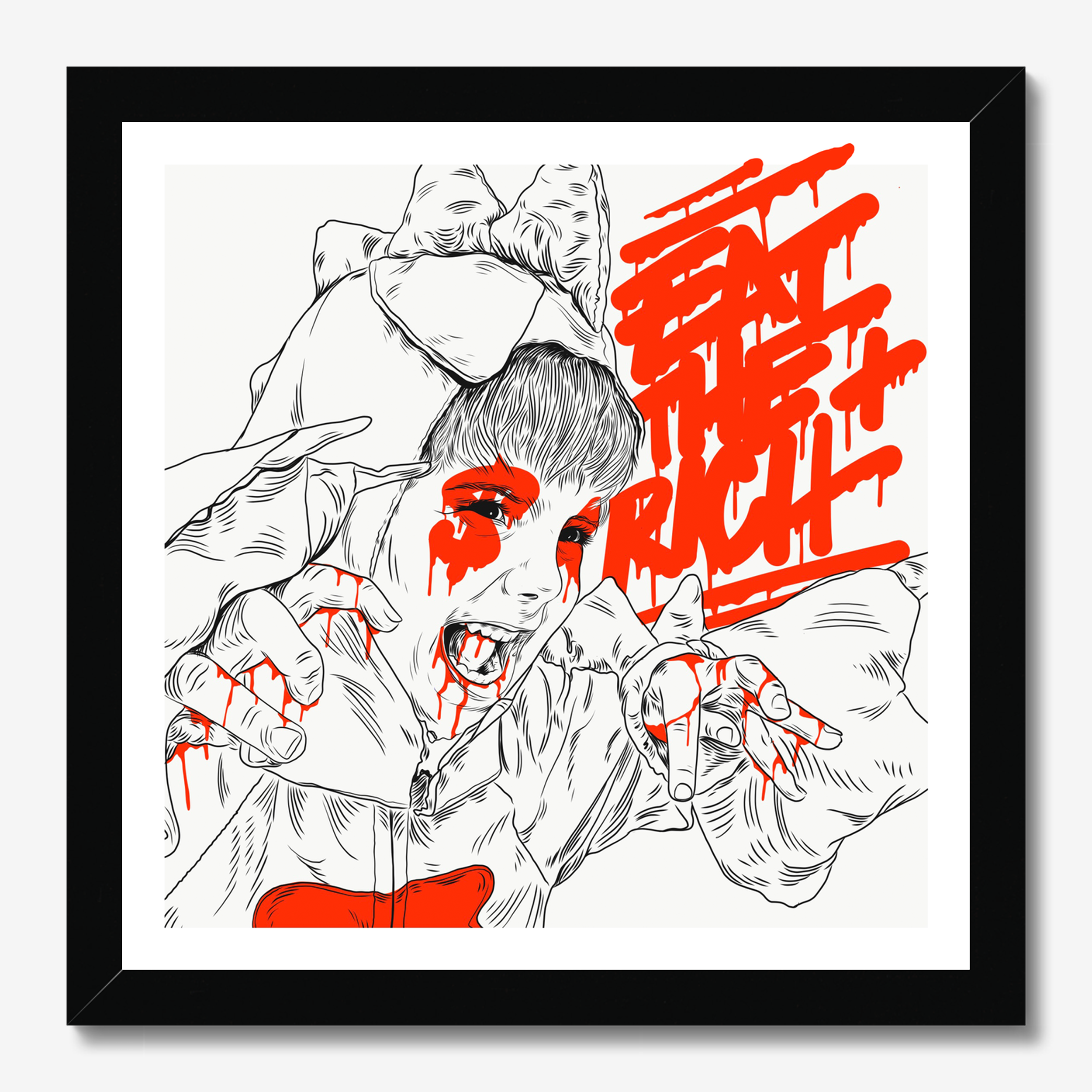 Square typography & illustrative framed wall art titled 'Eat The Rich' by Sunday Morning. Premium Giclée print.
