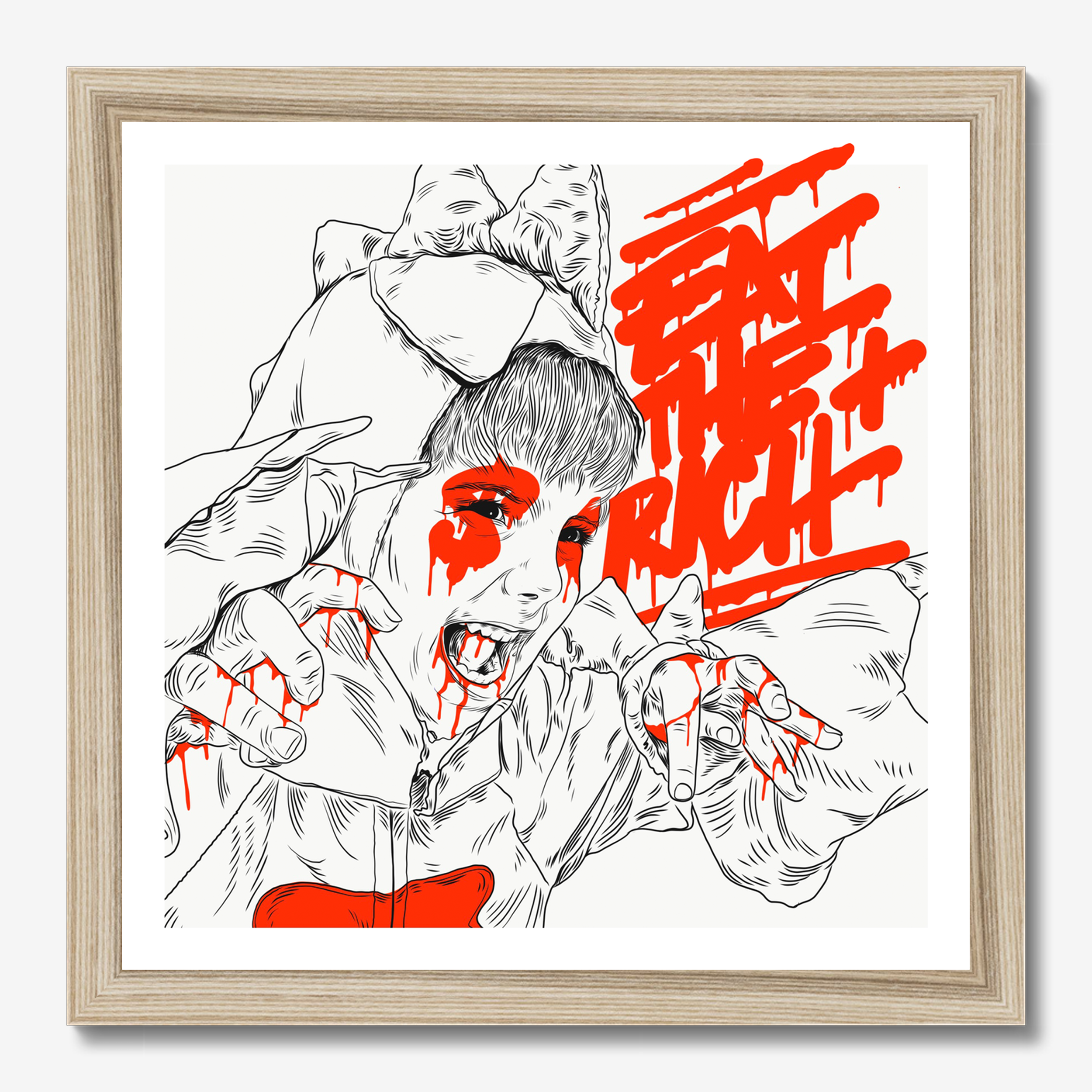 Square typography & illustrative framed wall art titled 'Eat The Rich' by Sunday Morning. Premium Giclée print.