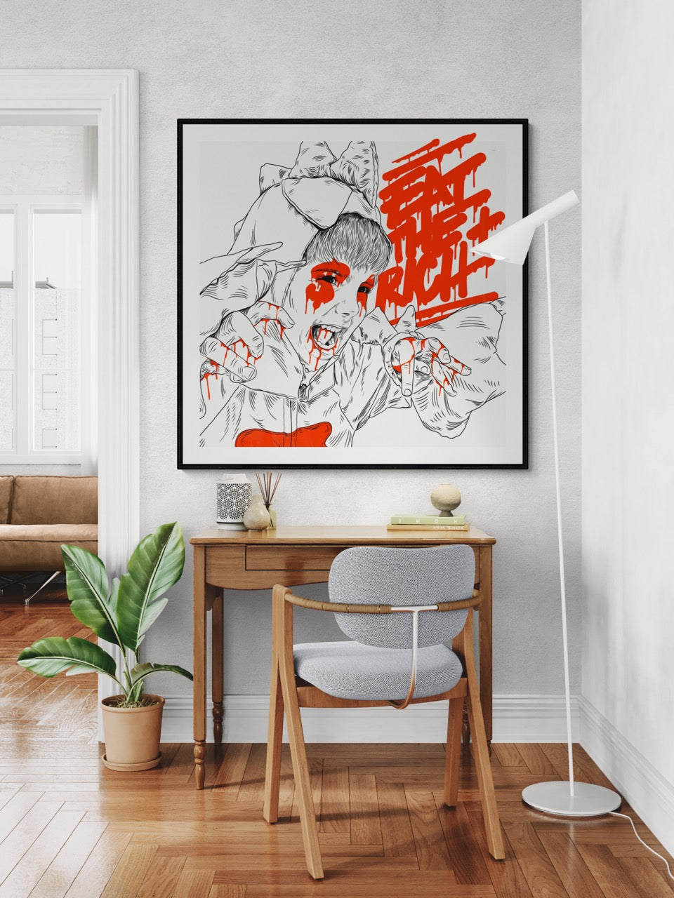 Square fine art print titled Eat The Rich by Sunday Morning - Illustration museum quality framed art.