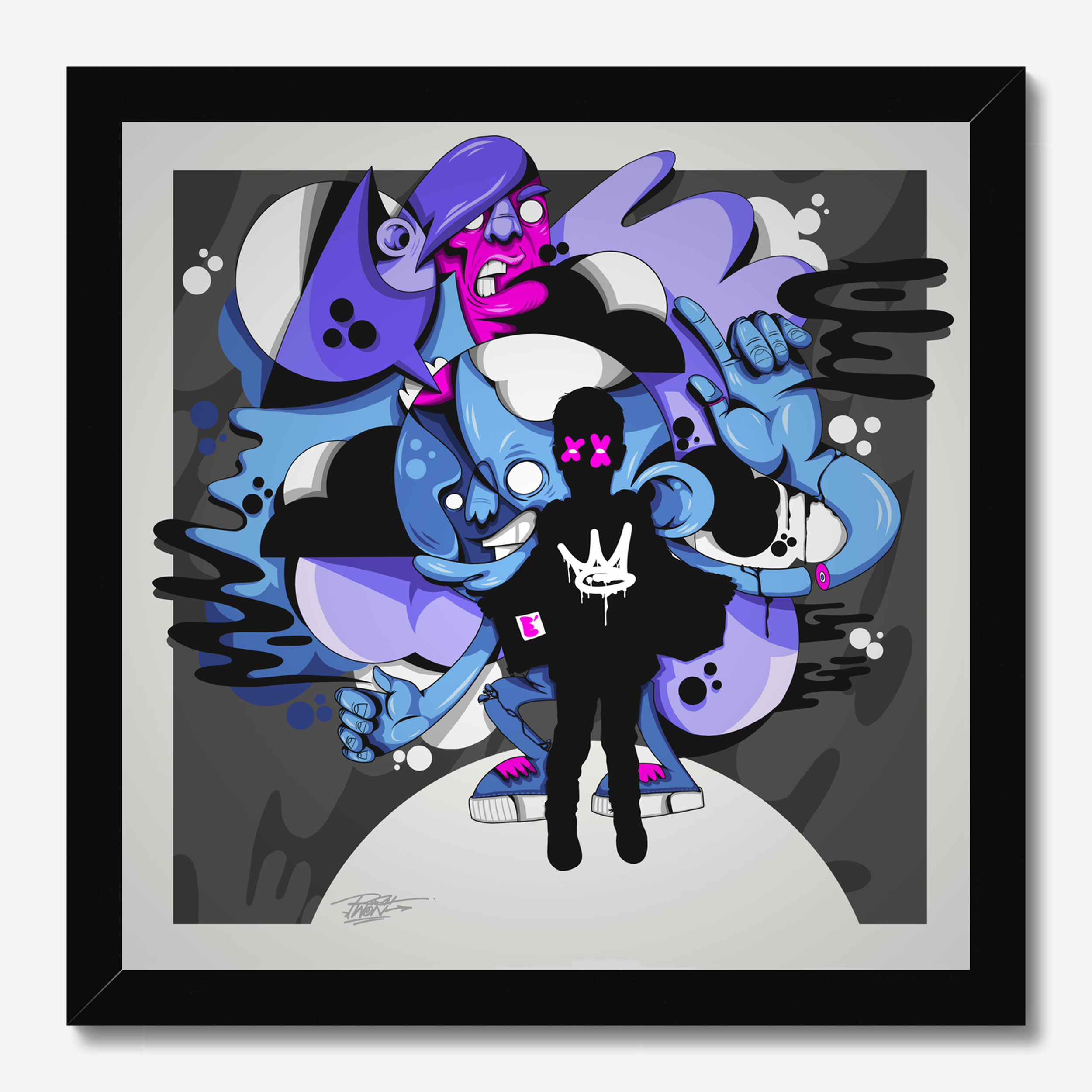 Square illustrative framed wall art titled 'Elliots Dream' by Sunday Morning. Premium Giclée print.