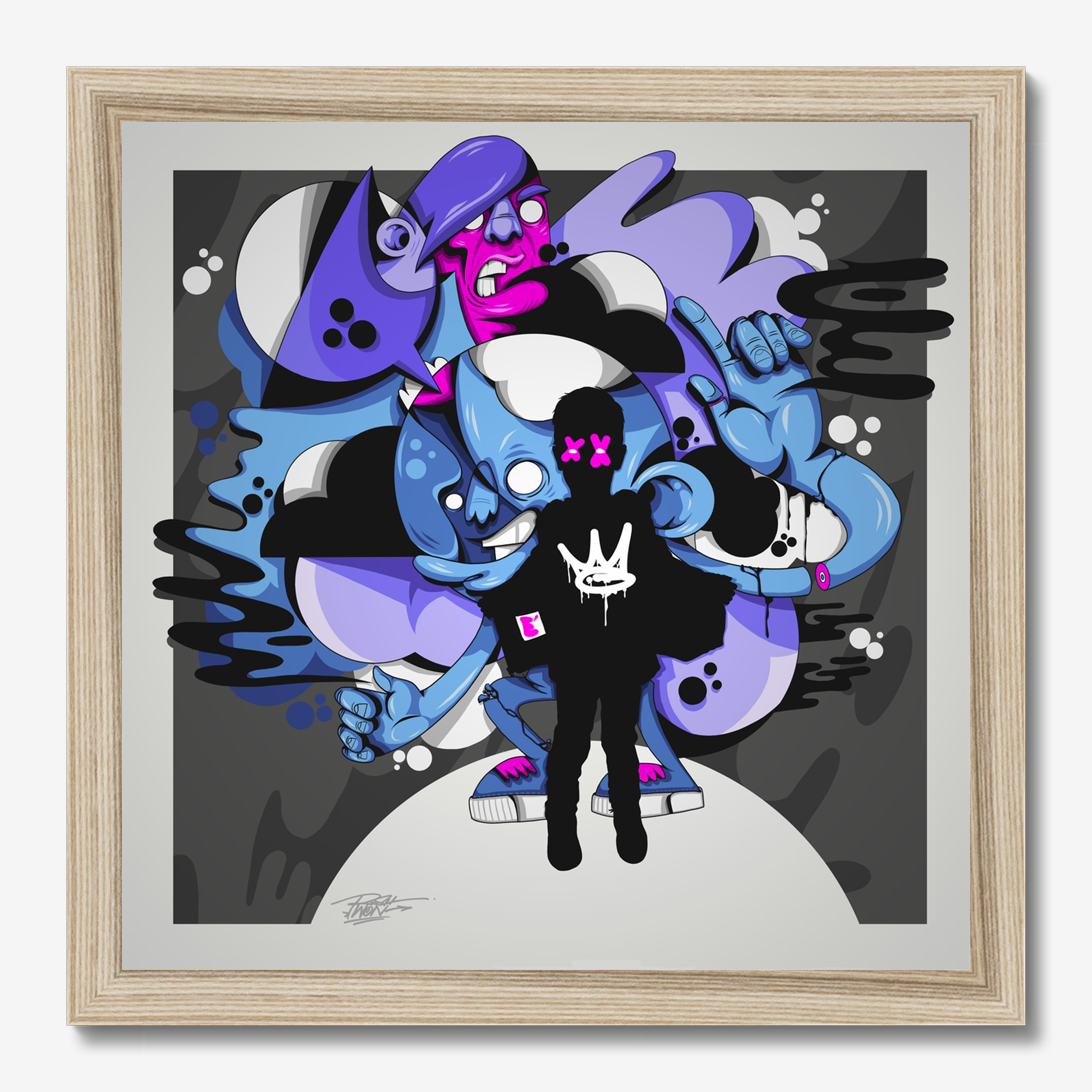Square illustrative framed wall art titled 'Elliots Dream' by Sunday Morning. Premium Giclée print.