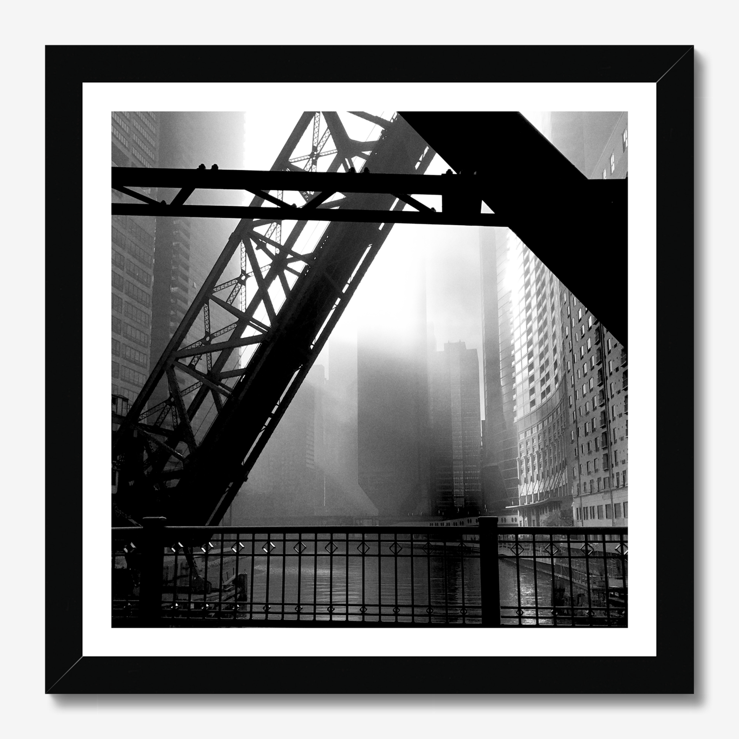 Square photography framed wall art titled 'Foggy Drizzle' by Sunday Morning. Premium Giclée print.