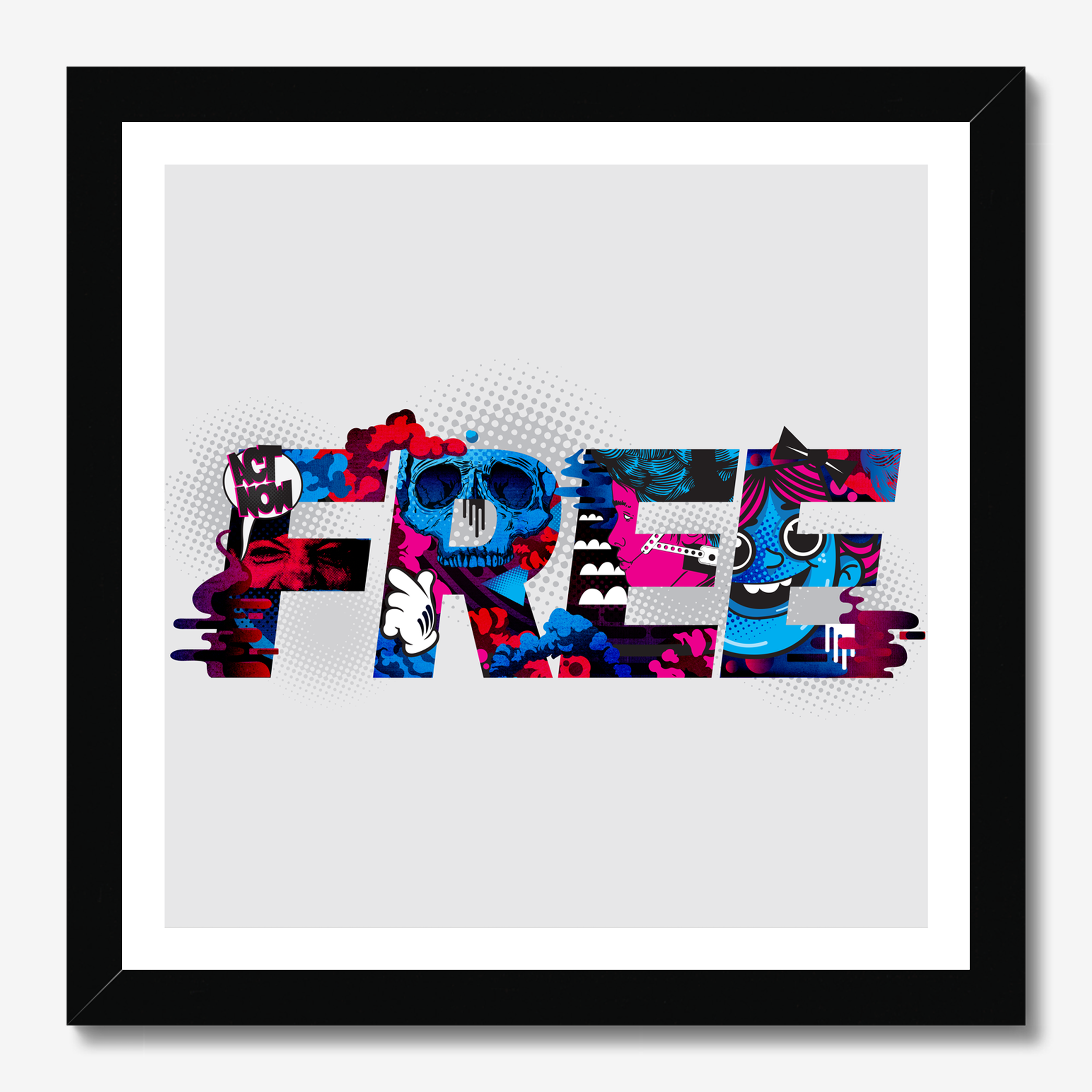 Square illustrative & typography framed wall art titled 'Free' by Sunday Morning. Premium Giclée print.