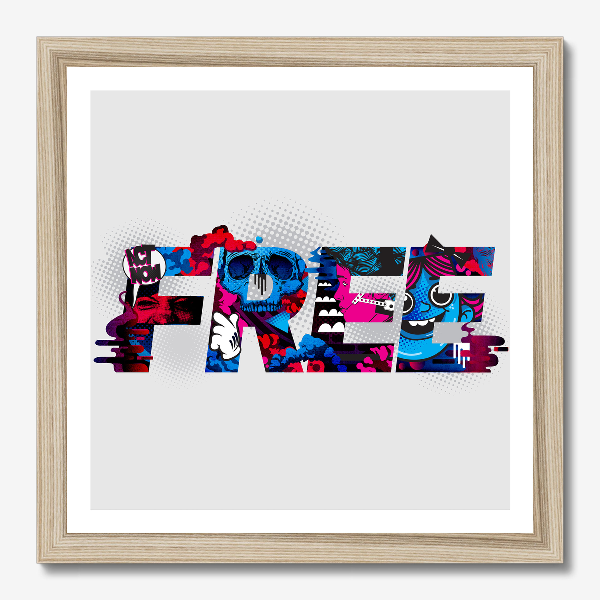Square illustrative & typography framed wall art titled 'Free' by Sunday Morning. Premium Giclée print.