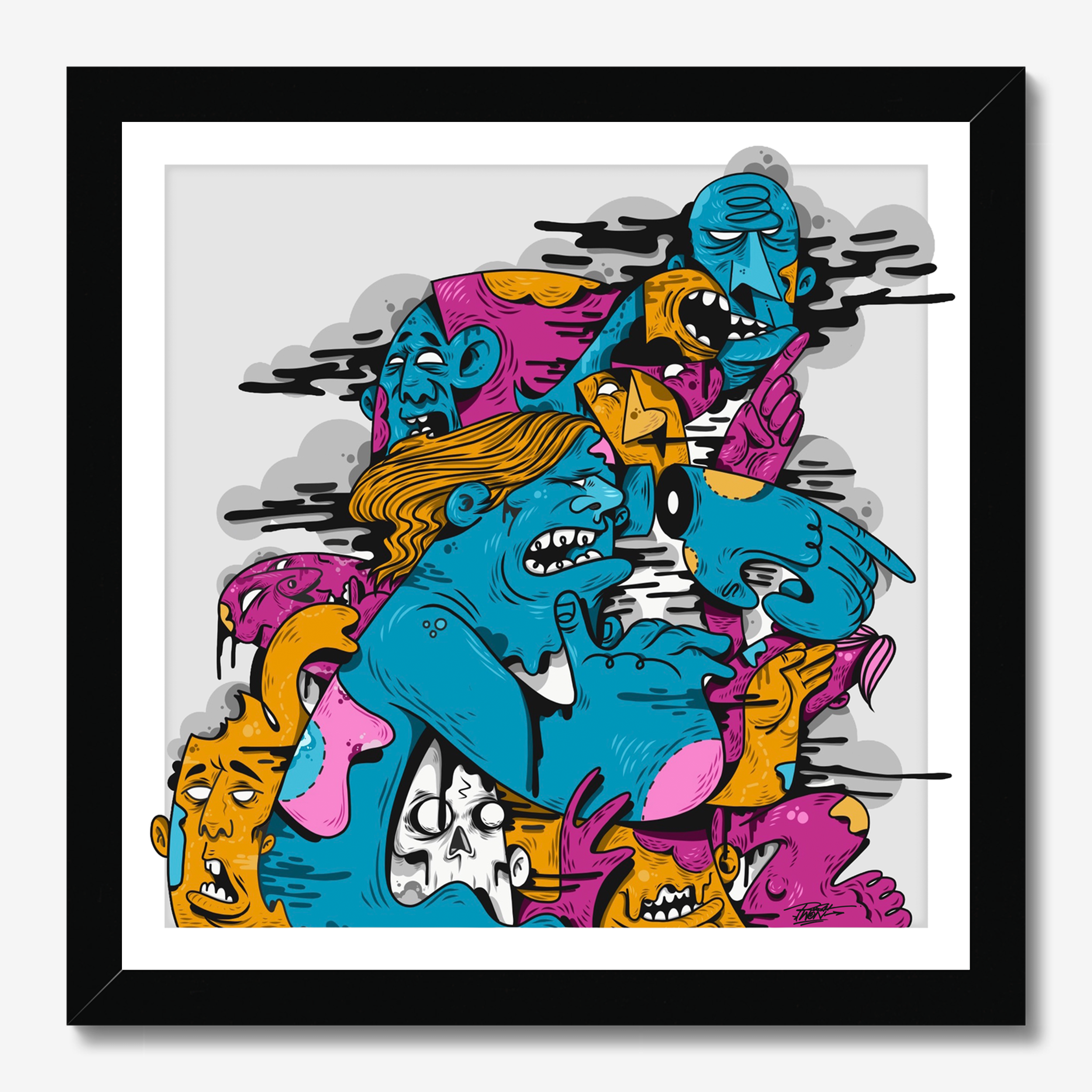 Square illustrative framed wall art titled 'Head First' by Sunday Morning. Premium Giclée print.
