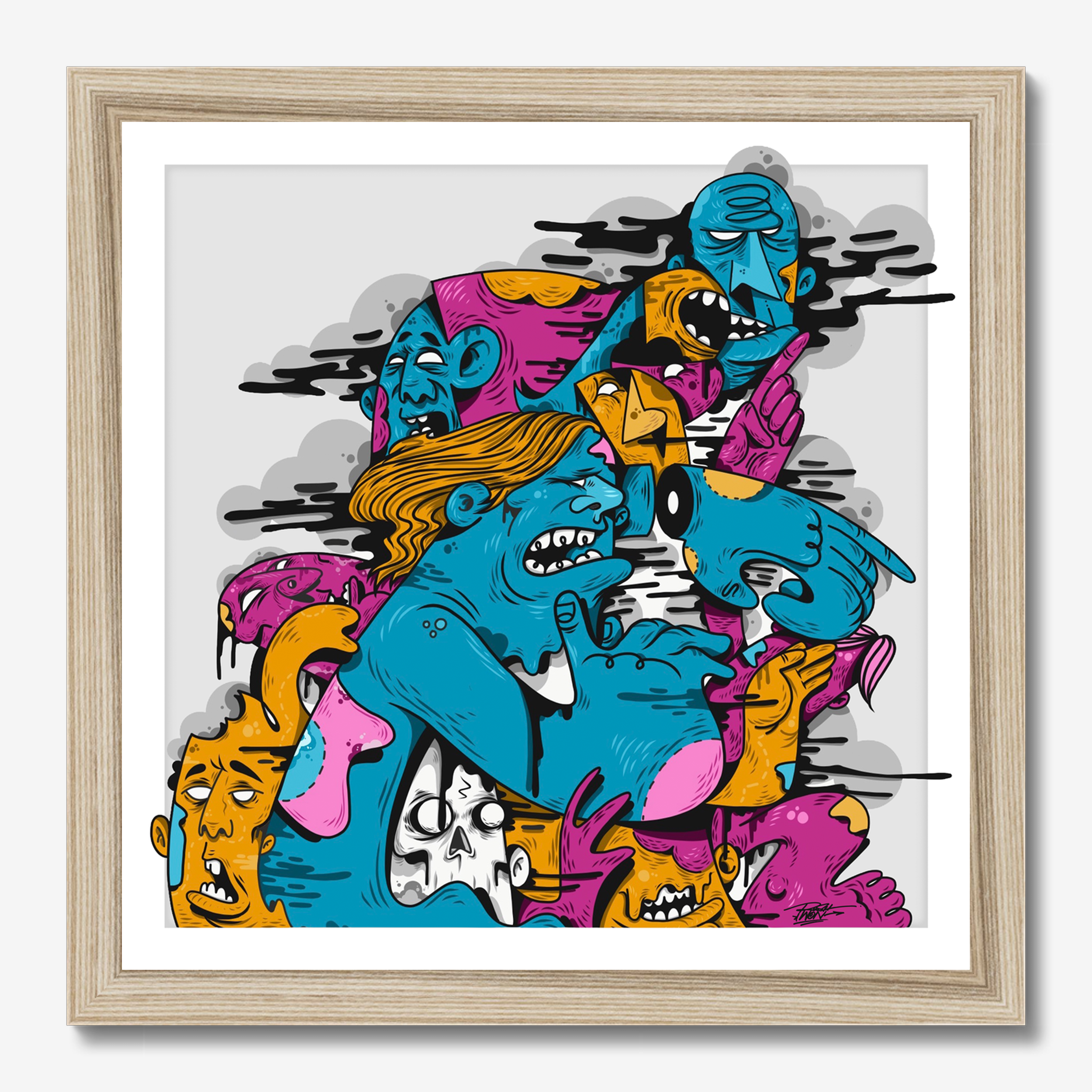 Square illustrative framed wall art titled 'Head First' by Sunday Morning. Premium Giclée print.