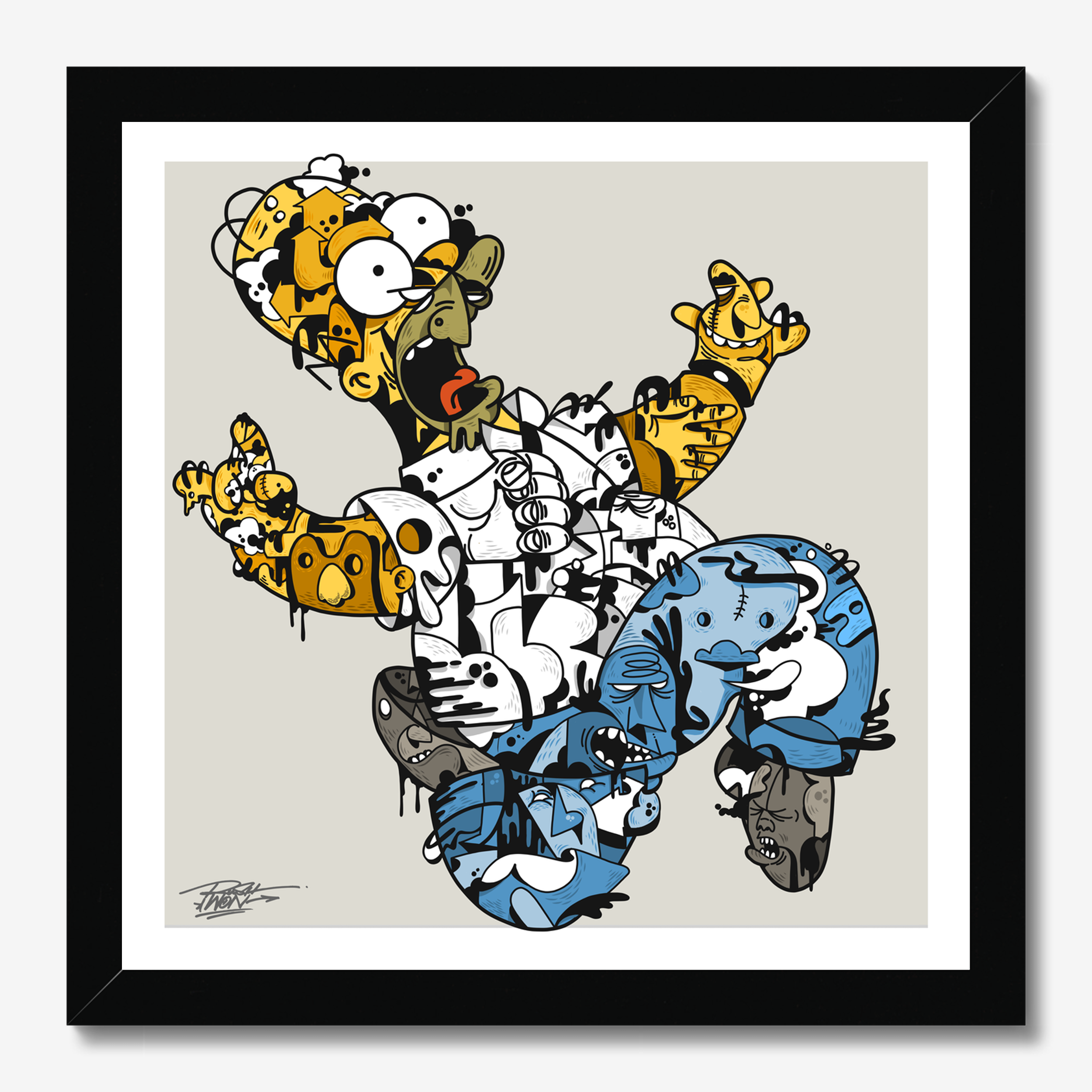 Square illustrative illustration titled Homie by Sunday Morning - Museum quality framed art.