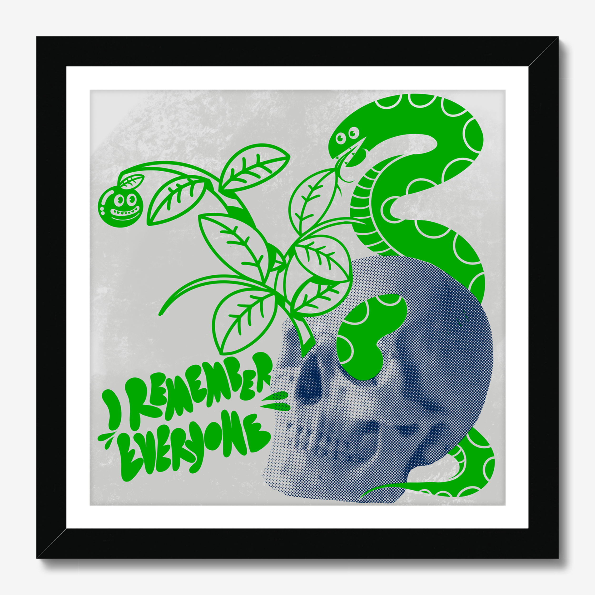 Square illustrative framed wall art titled 'I Remember' by Sunday Morning. Premium Giclée print.