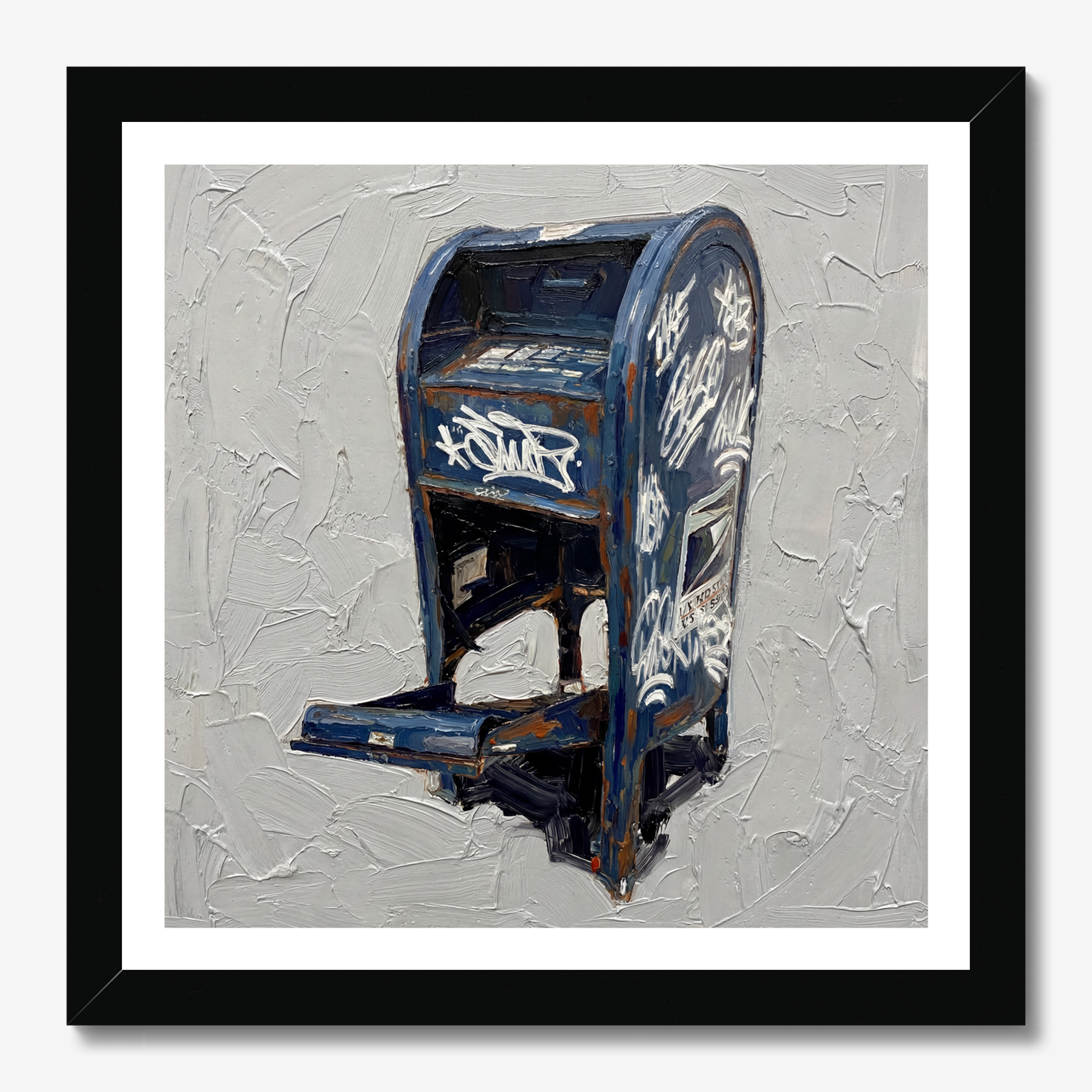 Square illustrative & painting framed wall art titled 'Late Delivery' by Sunday Morning. Premium Giclée print.