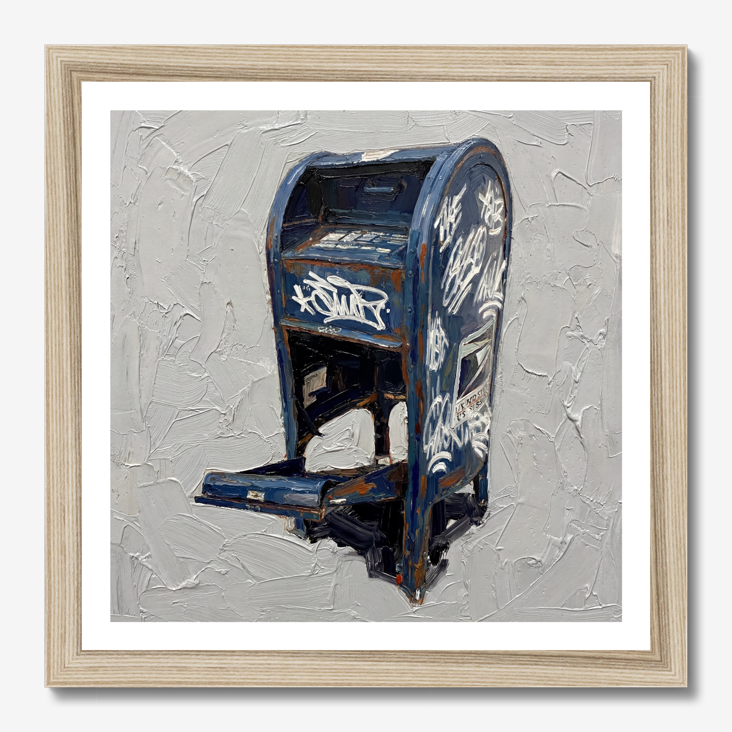 Square illustrative & painting framed wall art titled 'Late Delivery' by Sunday Morning. Premium Giclée print.