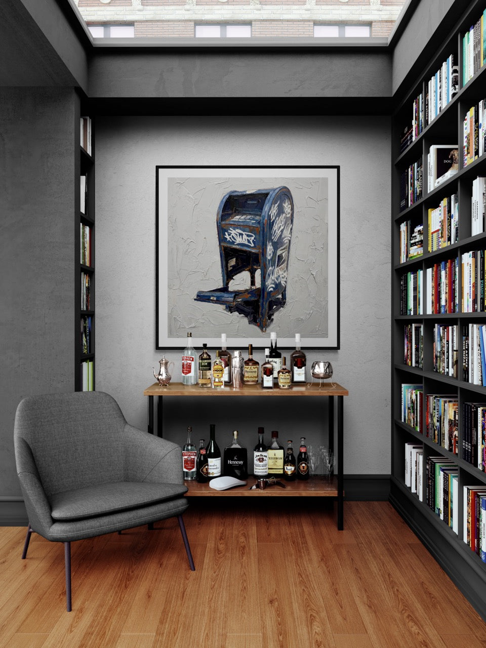 Square fine art print titled Late Delivery by Sunday Morning - Illustration museum quality framed art.