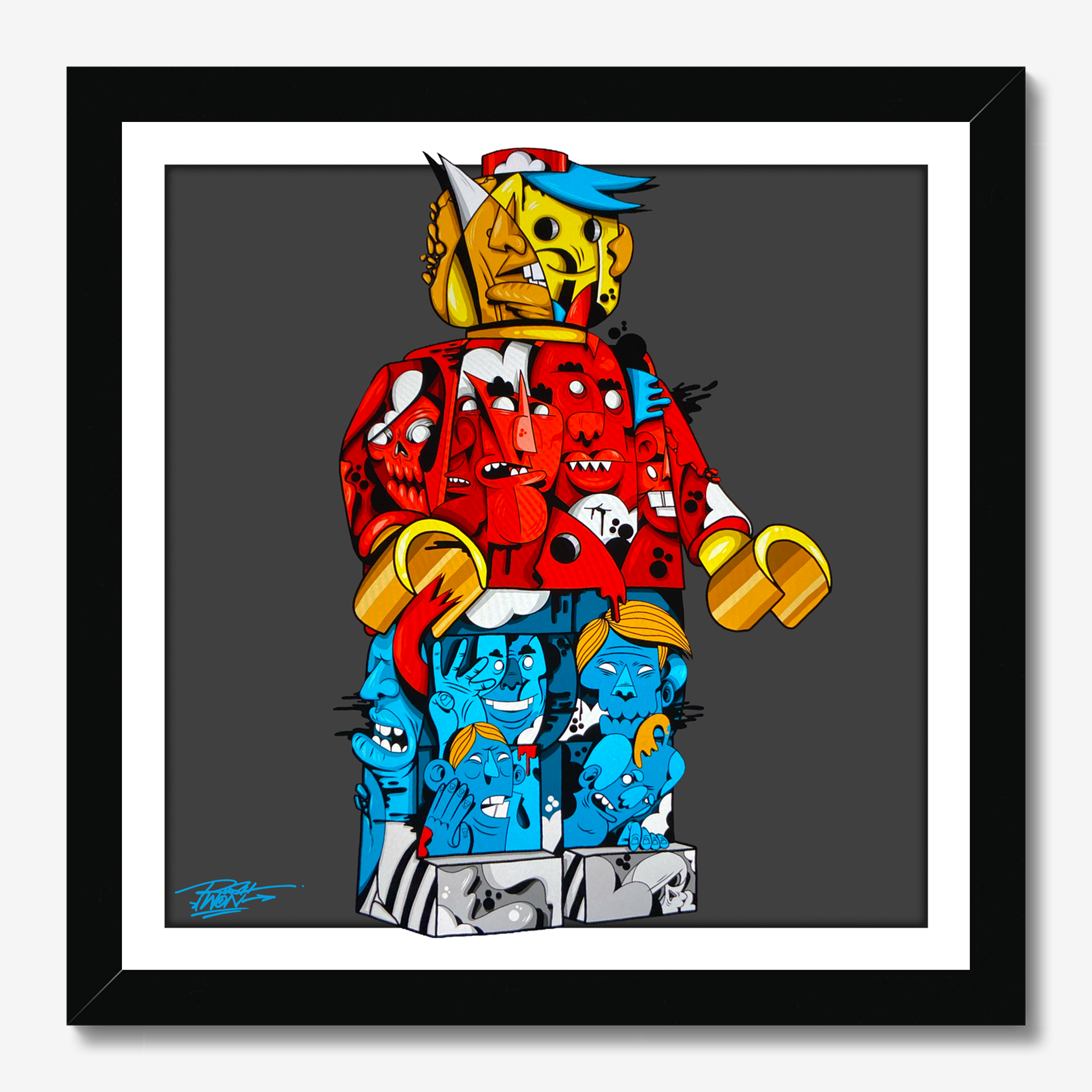 Square illustrative illustration titled Leggo by Sunday Morning - Museum quality framed art.