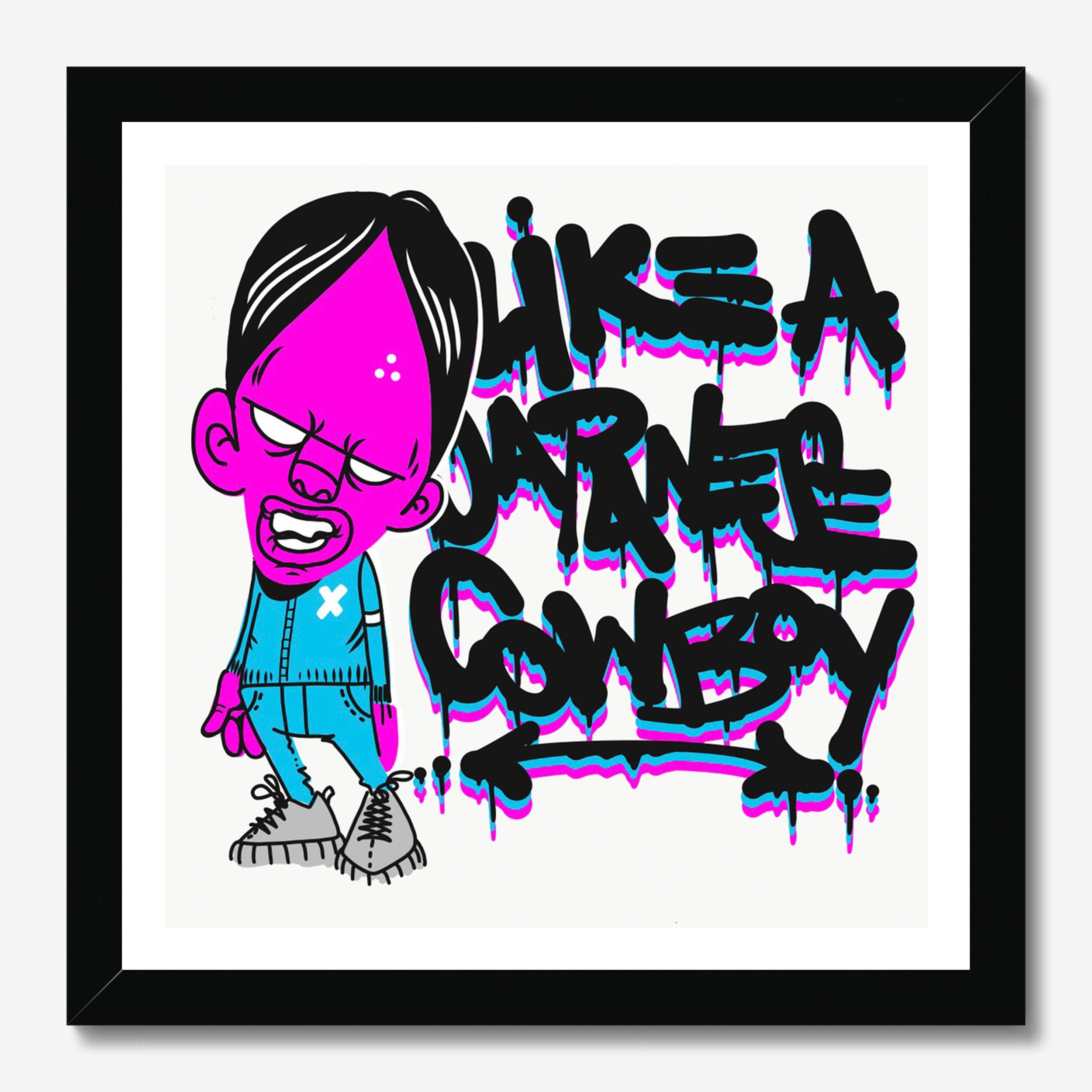 Square typography & illustrative framed wall art titled 'Like A Japanese Cowboy' by Sunday Morning. Premium Giclée print.