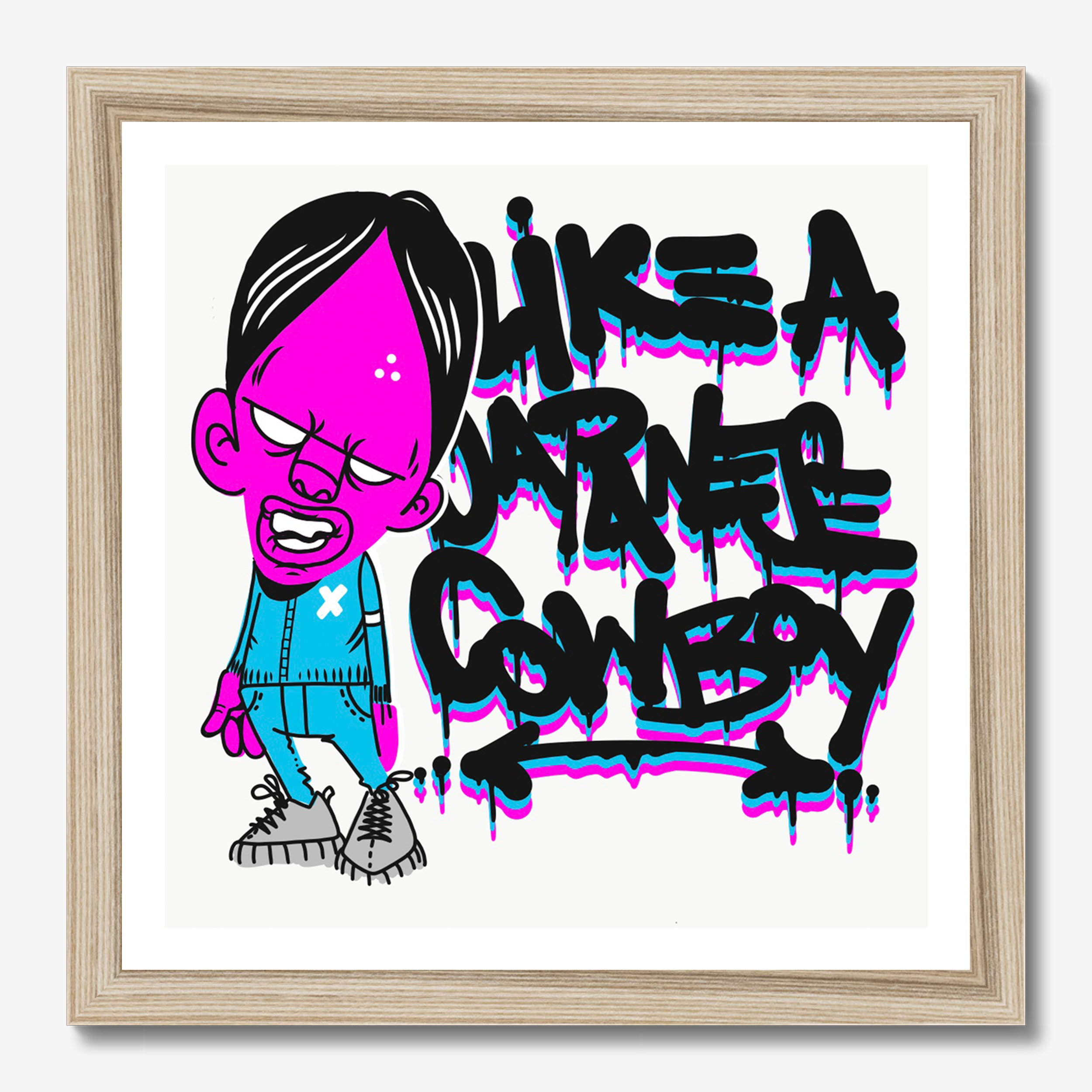 Square typography & illustrative framed wall art titled 'Like A Japanese Cowboy' by Sunday Morning. Premium Giclée print.