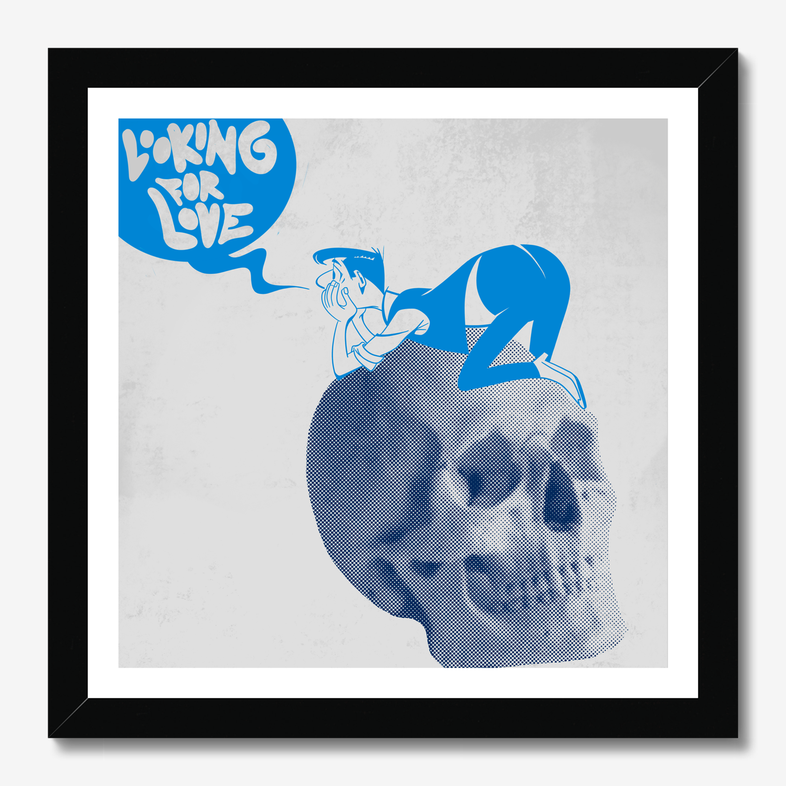Square illustrative framed wall art titled 'Looking For Love' by Sunday Morning. Premium Giclée print.