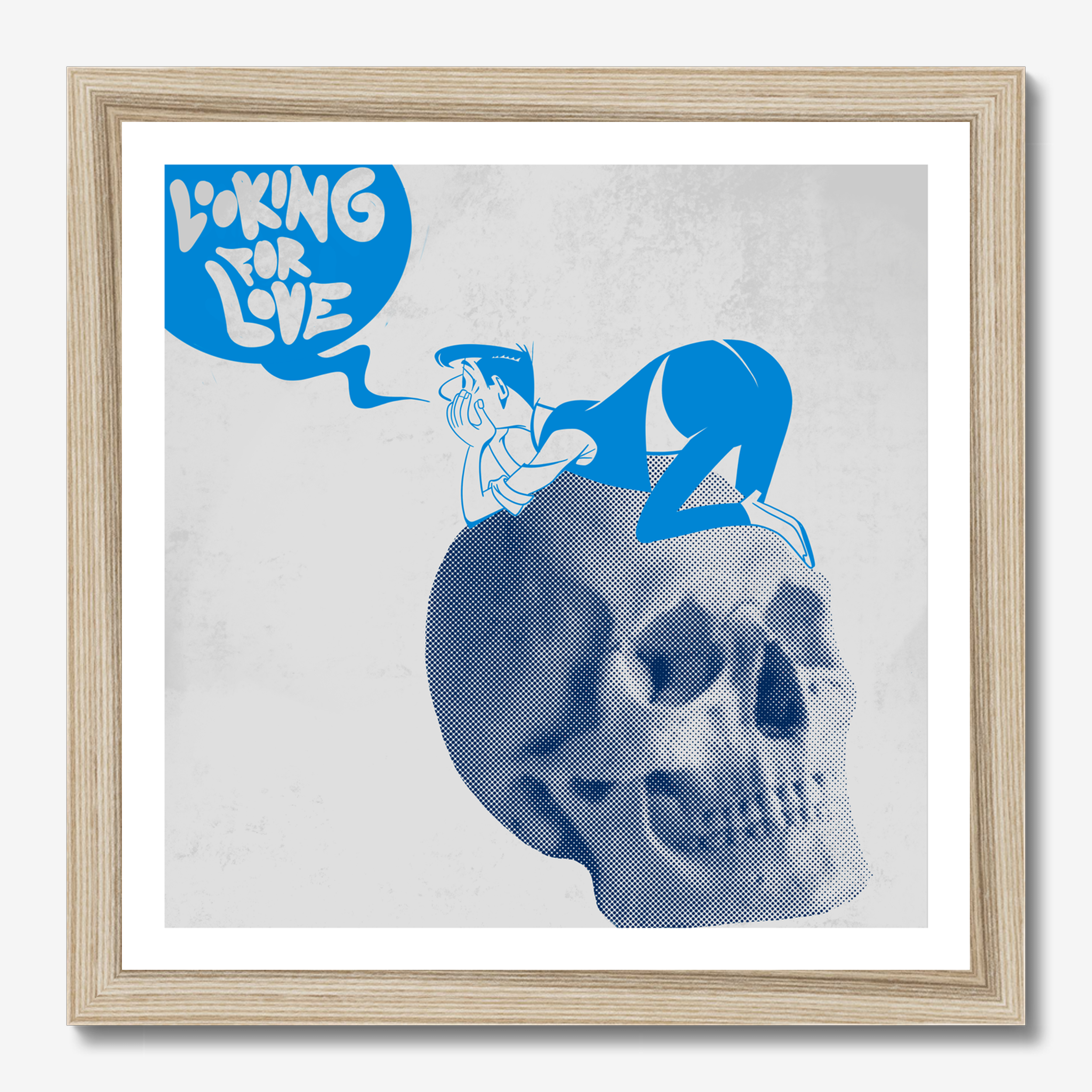 Square illustrative framed wall art titled 'Looking For Love' by Sunday Morning. Premium Giclée print.